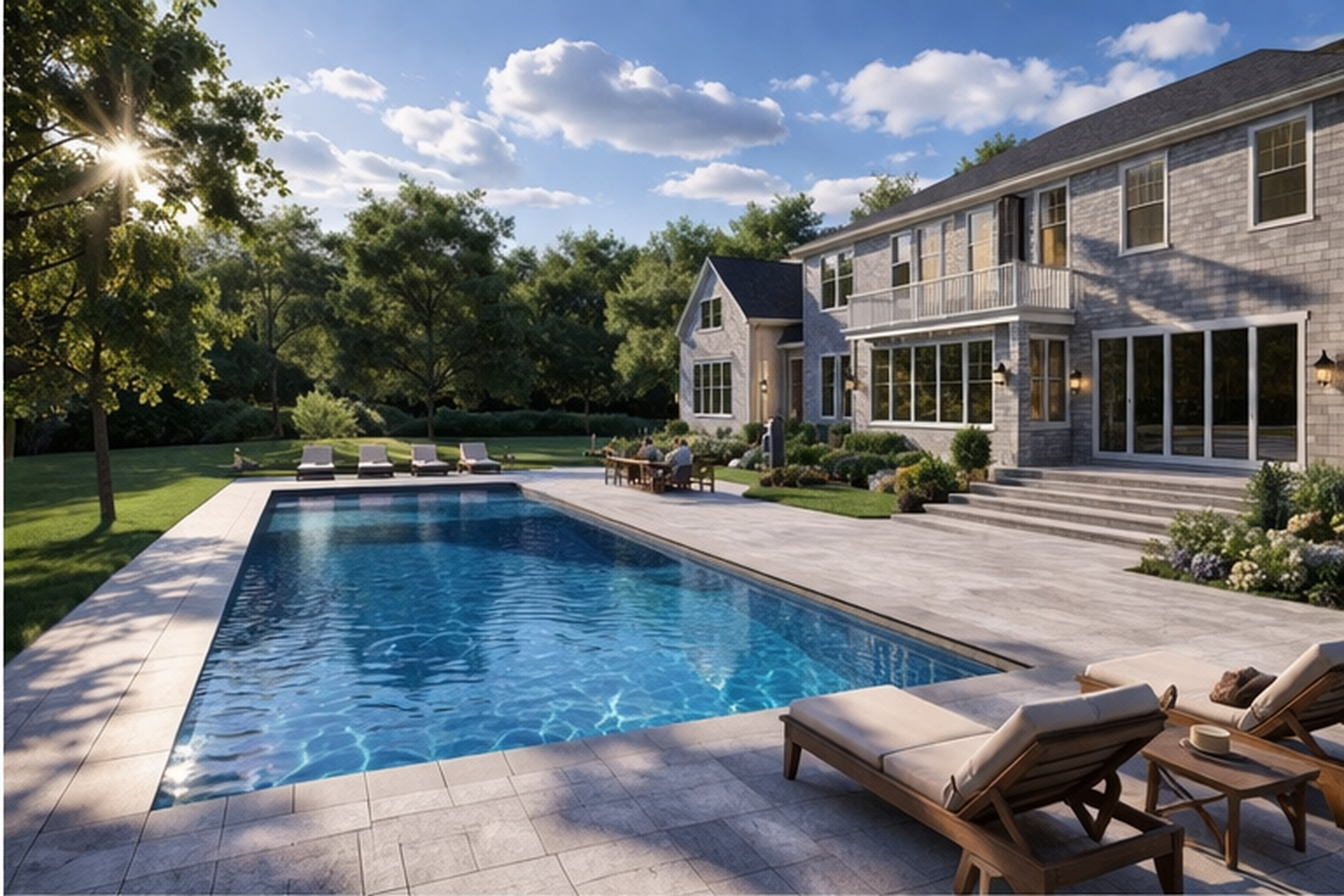A backyard with a swimming pool surrounded by a patio with lounge chairs, a house with multiple windows and a balcony, and a lush green lawn with trees and shrubs, under a partly cloudy sky.