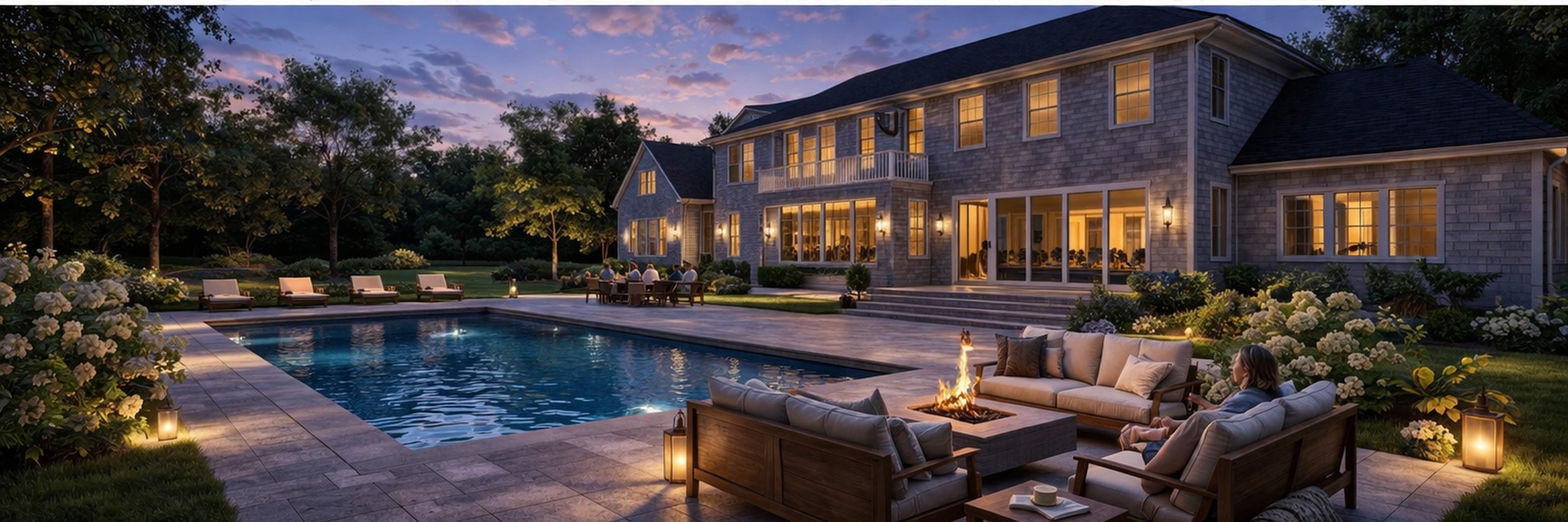 An evening scene of a luxurious backyard with a swimming pool, outdoor seating, and a large house with lit windows, surrounded by trees and landscaped garden.