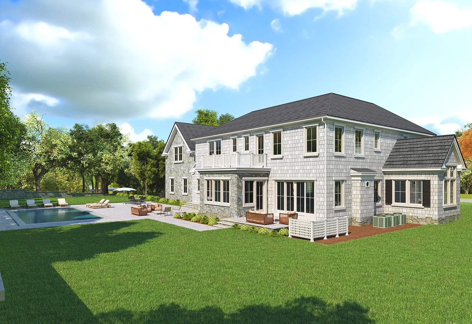 A modern two-story house with stone and siding exterior, multiple windows, a small balcony, and a backyard with a swimming pool, lounge chairs, and surrounding greenery on a sunny day.