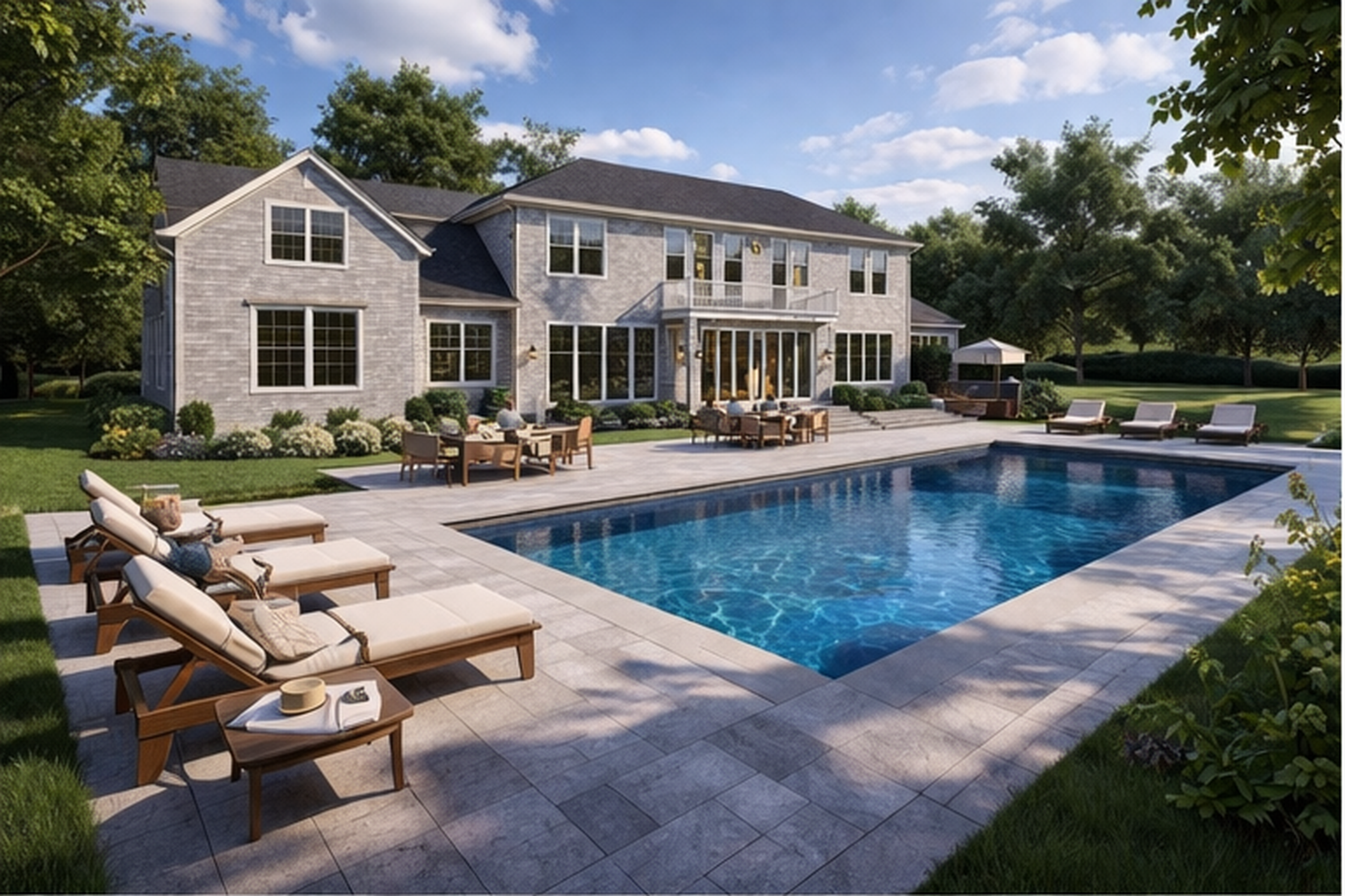 A backyard with a swimming pool, outdoor furniture, and a large two-story house surrounded by trees under a partly cloudy sky.