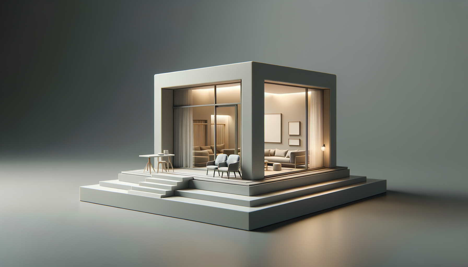 A modern model house with interior visible through large glass walls, including furniture like sofas, chairs, and a dining table, set on a stepped platform.