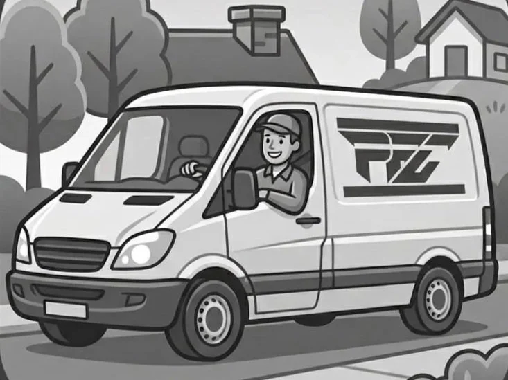 A cartoon delivery van with a delivery person smiling and driving. The background shows trees, a house, and a cloudy sky.