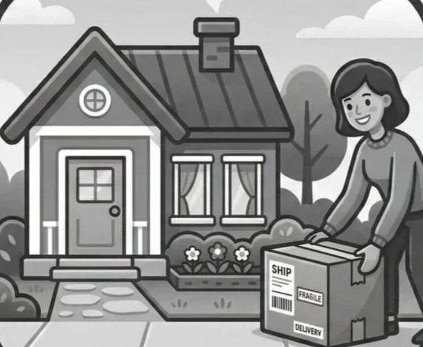 A woman delivering a package outside a house with a front yard, pathway, and trees in the background.