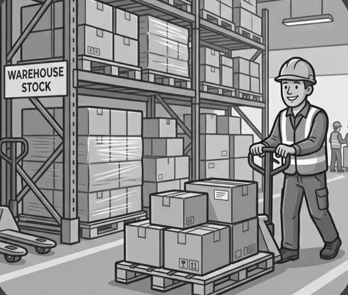 A worker in a warehouse wearing safety gear pushing a pallet jack loaded with boxes near storage shelves filled with boxes, labeled 'Warehouse Stock'.