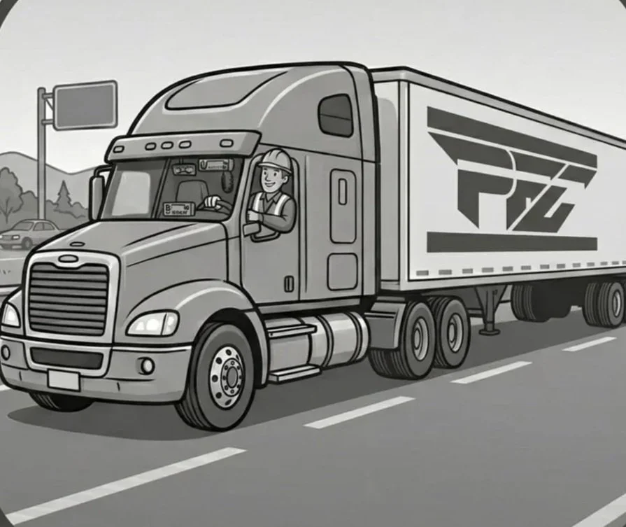 A cartoon illustration of a semi-truck driving on a highway with hills and trees in the background.