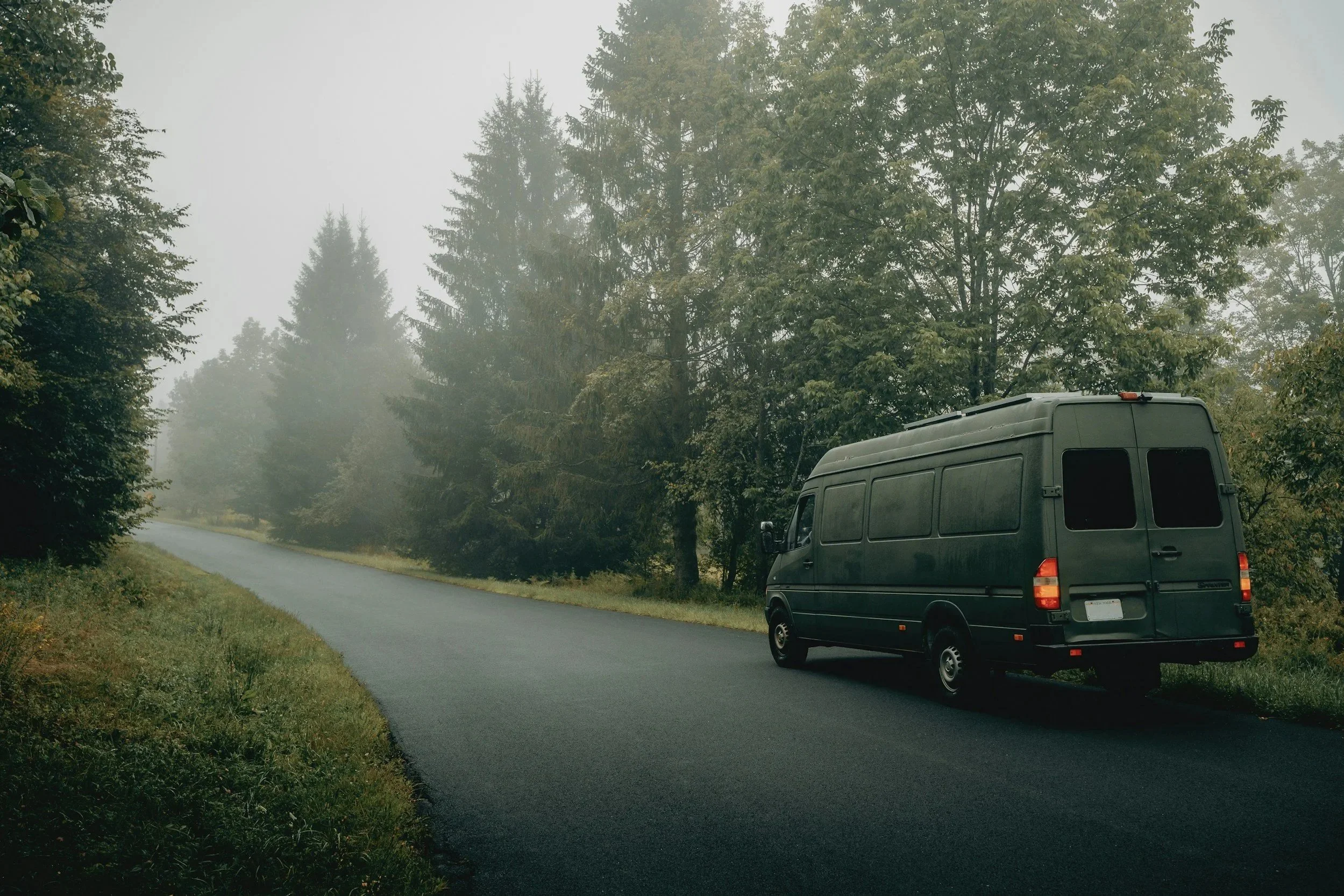 A black van parked on a foggy forested roadside with tall green trees and a narrow paved road.