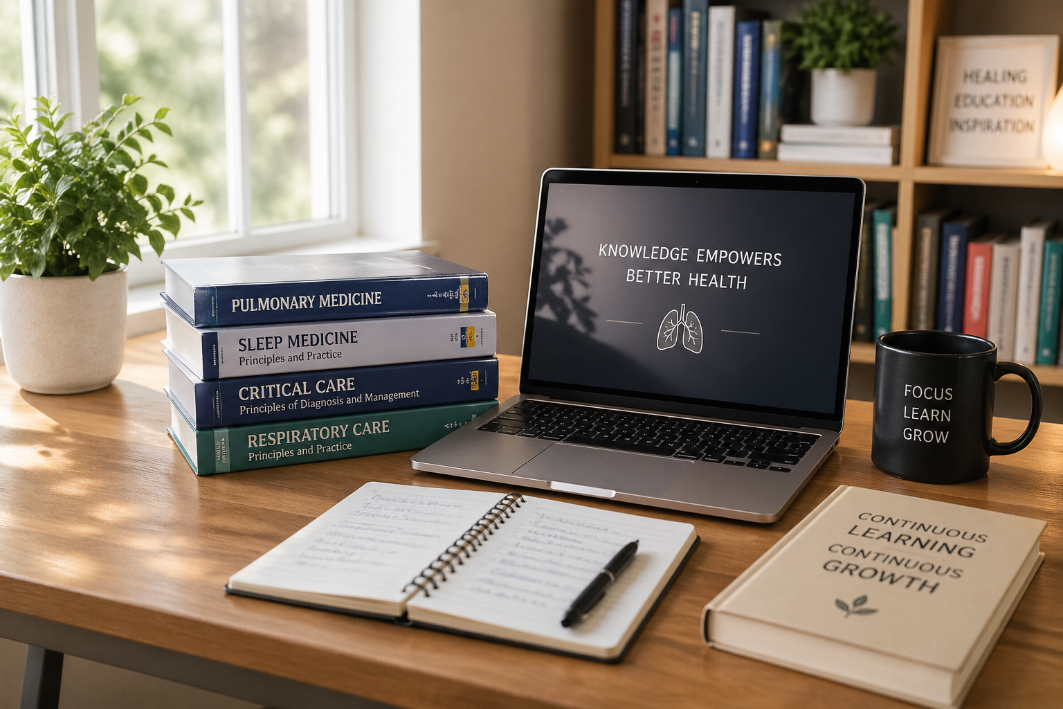 A workspace with a laptop displaying 'Knowledge Empowers Better Health', a stack of medical textbooks, a black mug with 'Focus Learn Grow', an open notebook with a pen, a closed book titled 'Continuous Learning Continuous Growth', a potted plant, and a bookshelf with various books.