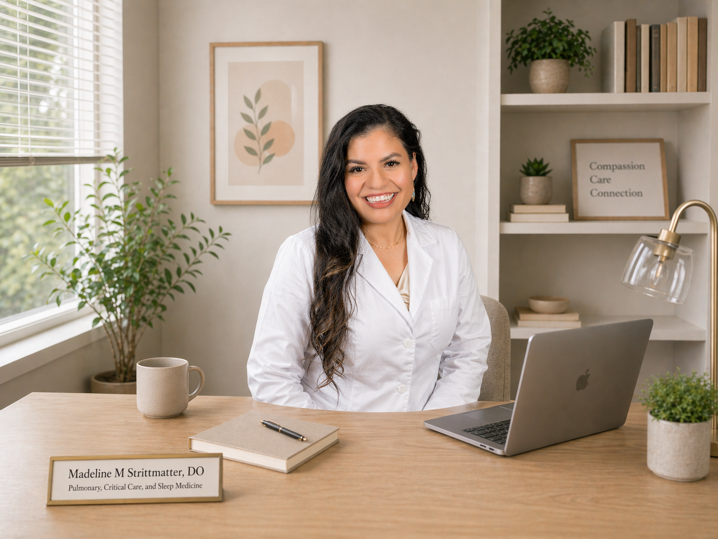 A woman with long dark curly hair wearing a white coat, sitting at a desk in a well-lit office, smiling at the camera. On the desk are a beige mug, a notebook with a pen, and a laptop. A nameplate reads 'Madeline M Strittmatter, DO, Pulmonary, Critical Care, and Sleep Medicine.' Behind her are shelves with plants, books, and a framed sign that says 'Compassion Care Connection.' A window with blinds is on the left side of the image.