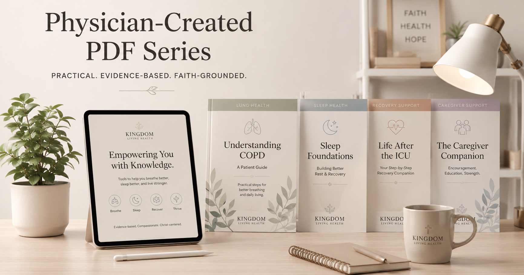 Display of booklets titled 'Physician-Created PDF Series' from Kingdom Living Health on health topics including lung health, sleep health, recovery support, and caregiver support, arranged on a desk with a potted plant, mug, notepad, pen, and a tablet showing the same series.