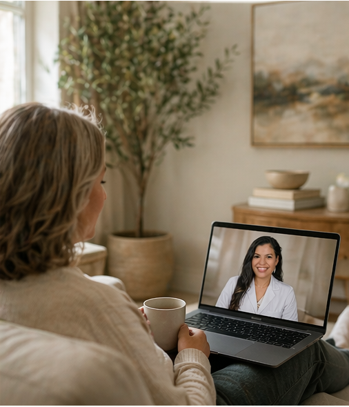 Woman participating in a virtual doctor's appointment from home, holding a mug and sitting on a couch.