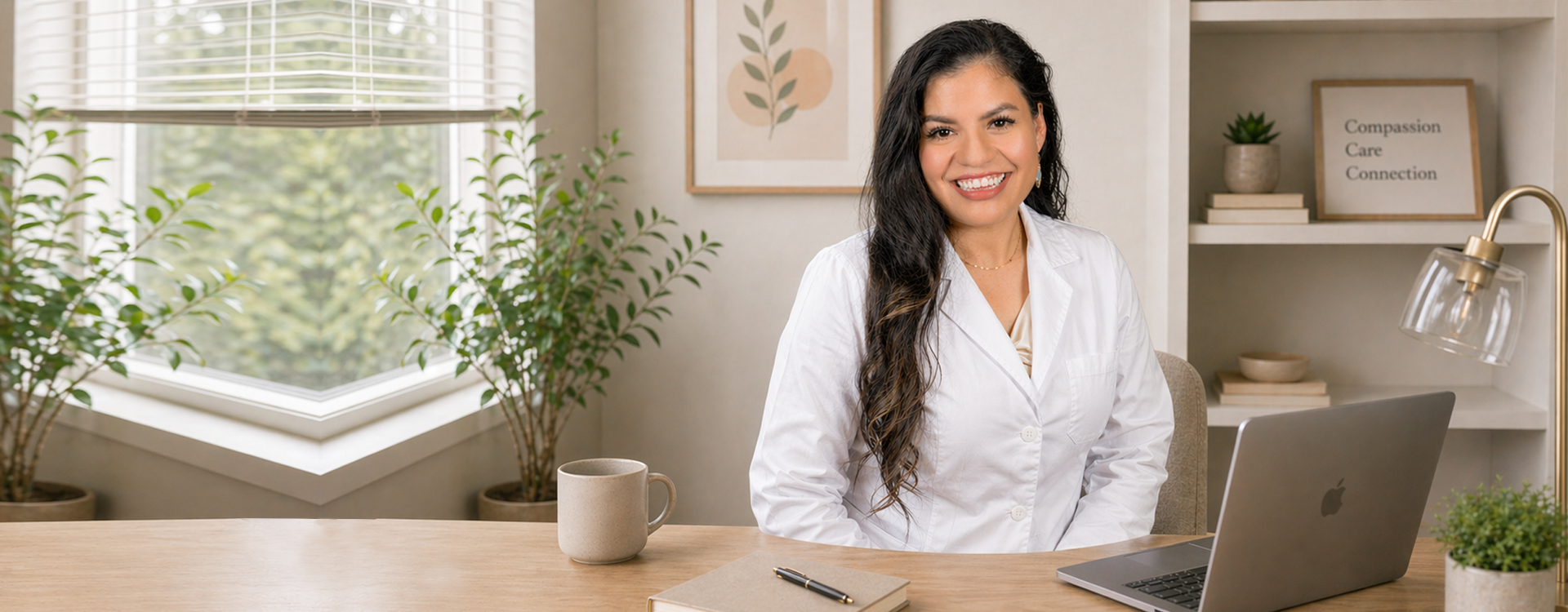 A woman with long dark curly hair and a white blazer sitting at a desk, smiling, with a laptop, a notebook, a pen, a coffee mug, and a small plant, in a well-lit office with plants and framed artwork in the background.