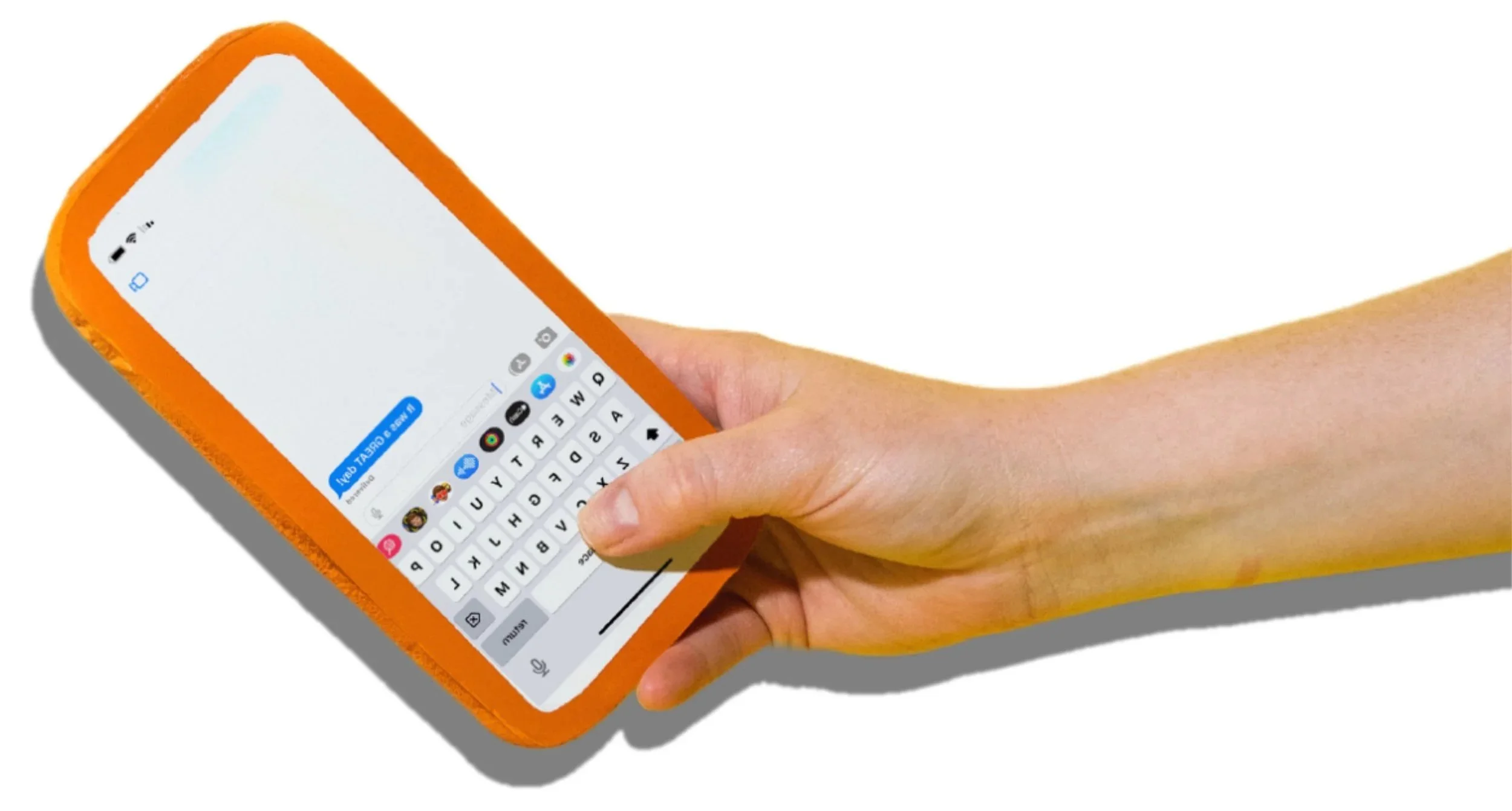 Person holding a smartphone with a bright orange case, typing on the virtual keyboard.
