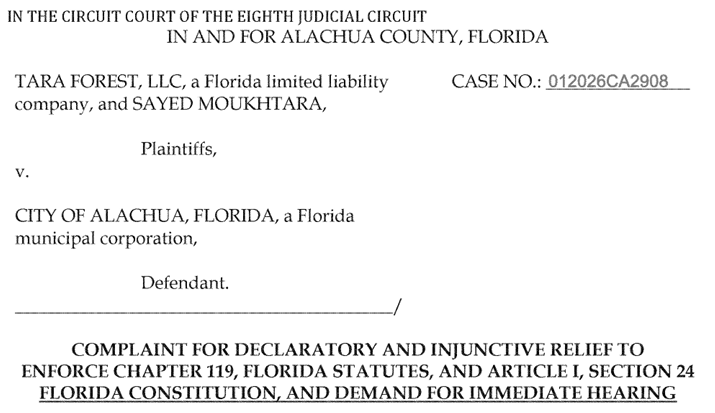 Public Records Lawsuit Filed Against City of Alachua by Tara Forest, LLC
