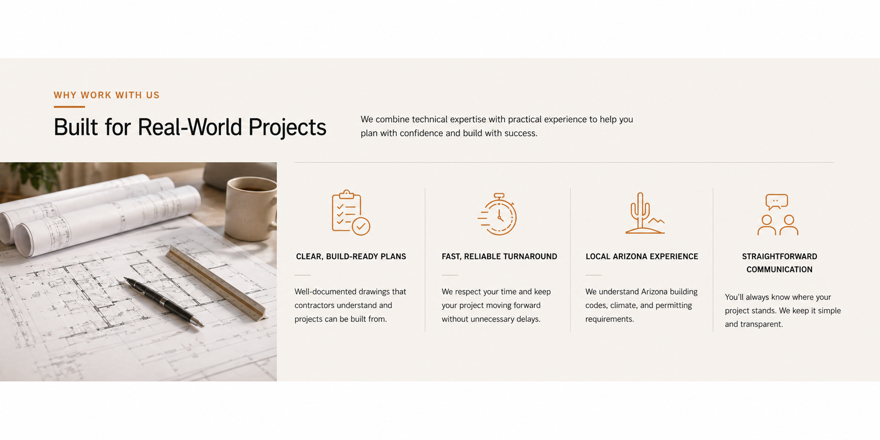 Company website section titled "Built for Real-World Projects" with four subsections: "Clear, Build-Ready Plans," "Fast, Reliable Turnaround," "Local Arizona Experience," and "Straightforward Communication," featuring icons and descriptions about project planning, efficiency, local expertise, and transparent communication.