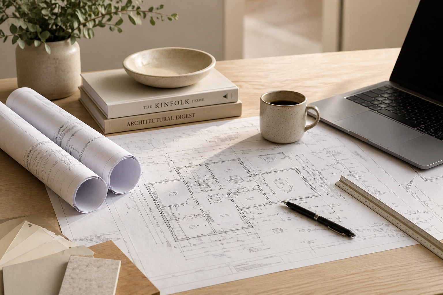 Architectural workspace with blueprints, a laptop, coffee mug, rolled-up plans, books, a pen, and sample tiles on a wooden table.