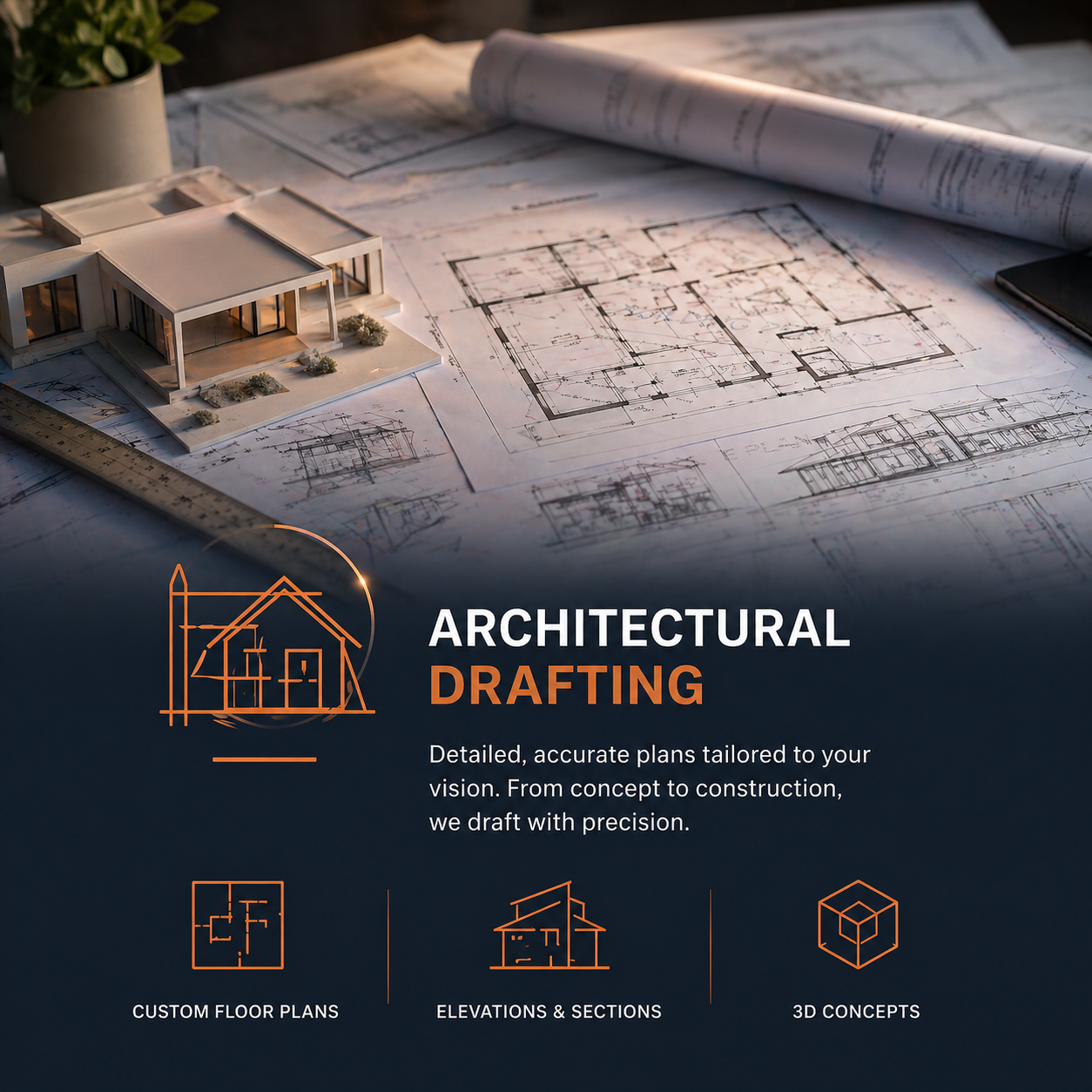 Blueprints and a 3D architectural model of a modern house on a desk for architectural drafting.
