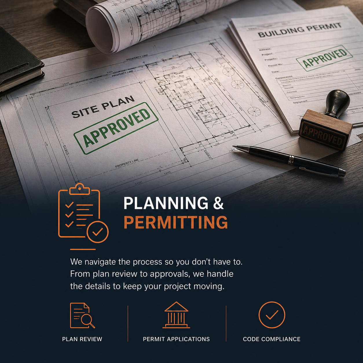 Blueprint and permit documents on a table with approvals stamped, promoting planning and permitting services for construction projects.
