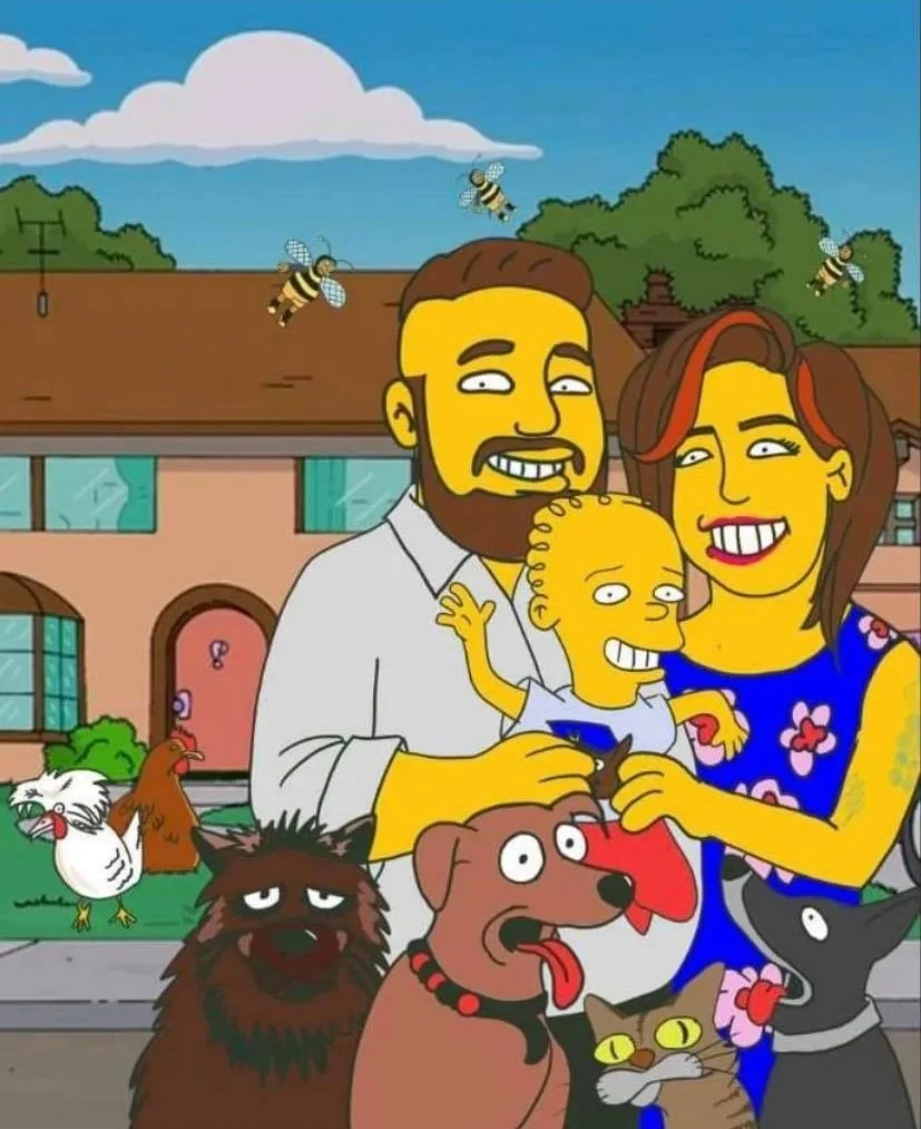Jam's, The Jam. A cartoon family posing outside their suburban home with animals and bees flying overhead.