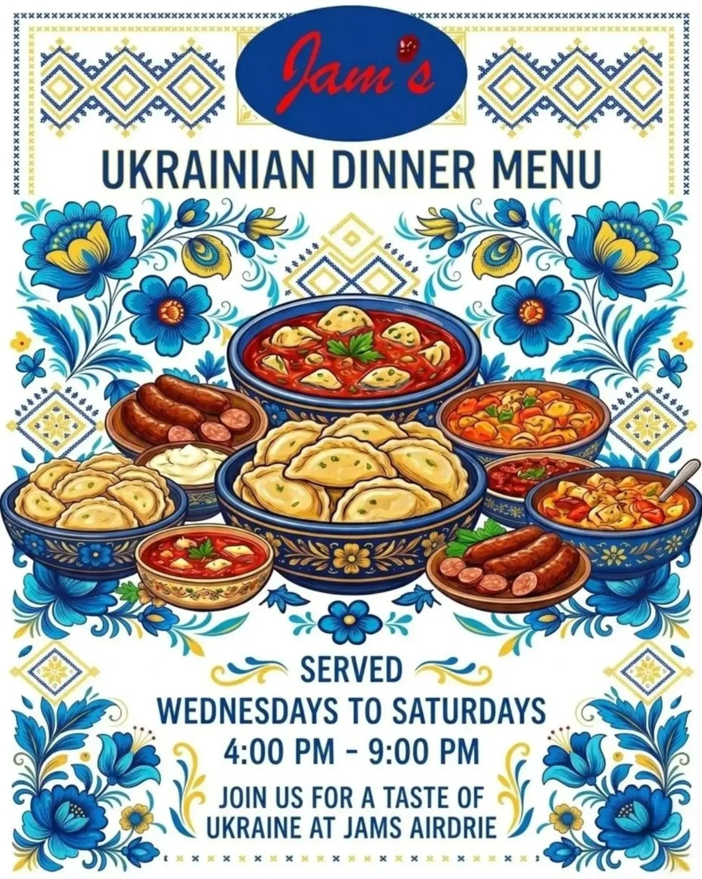 Illustration of Ukrainian dishes including dumplings, soups, and sausages on a decorative background, promoting a Ukrainian dinner menu at Jams Airdrie.