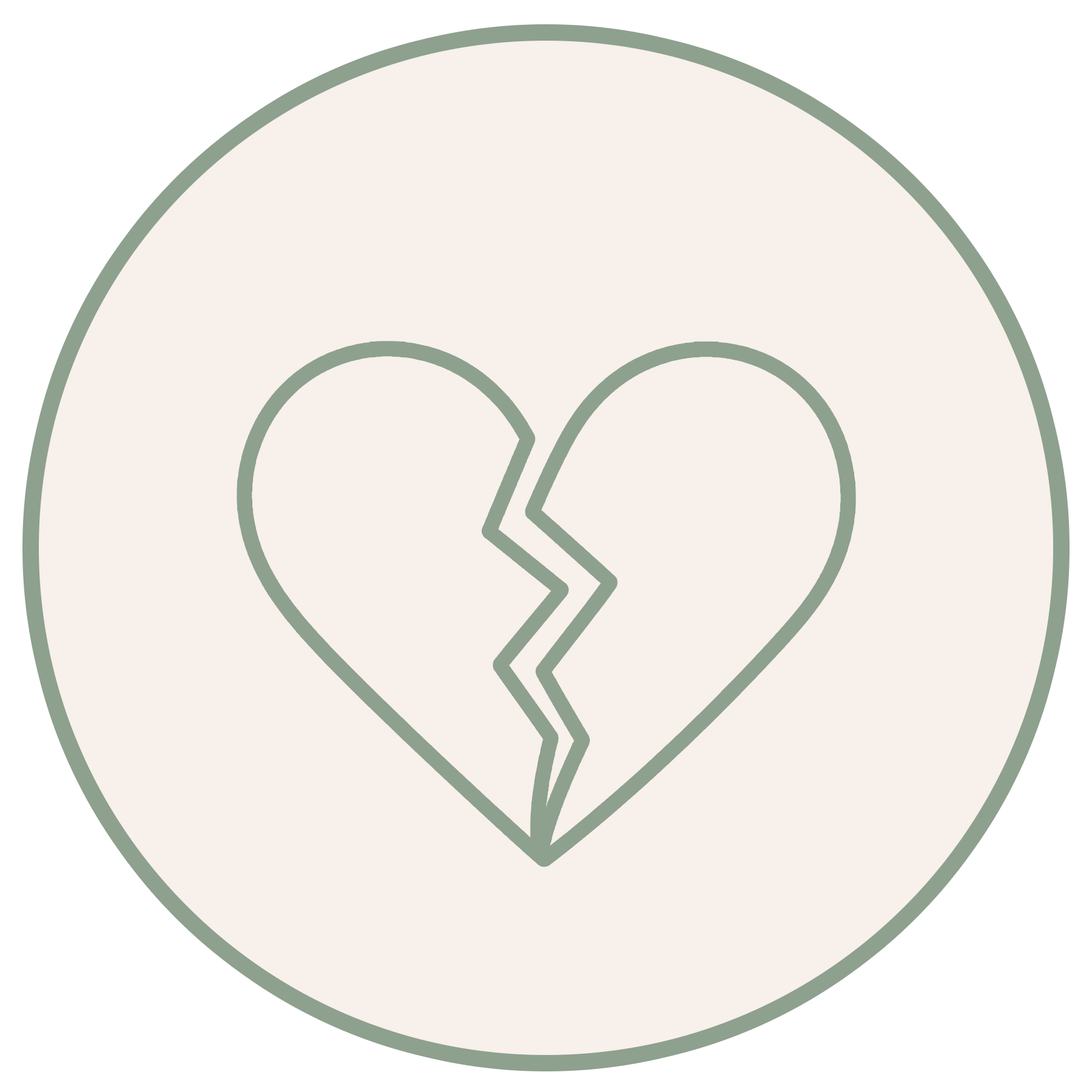 A round logo with a broken heart in shades of green and beige.