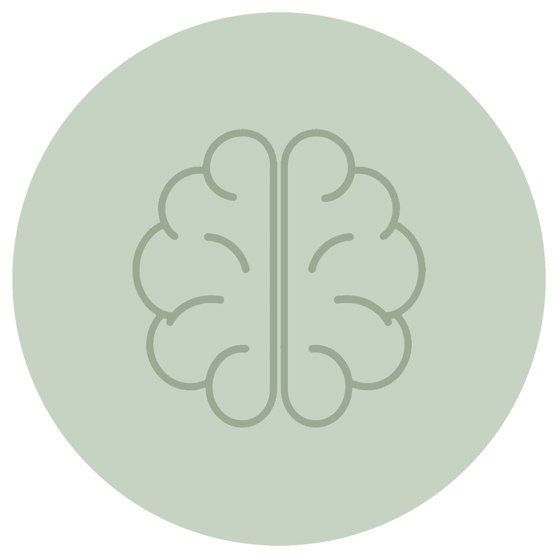 Minimalist illustration of a brain outline on a light green circular background.
