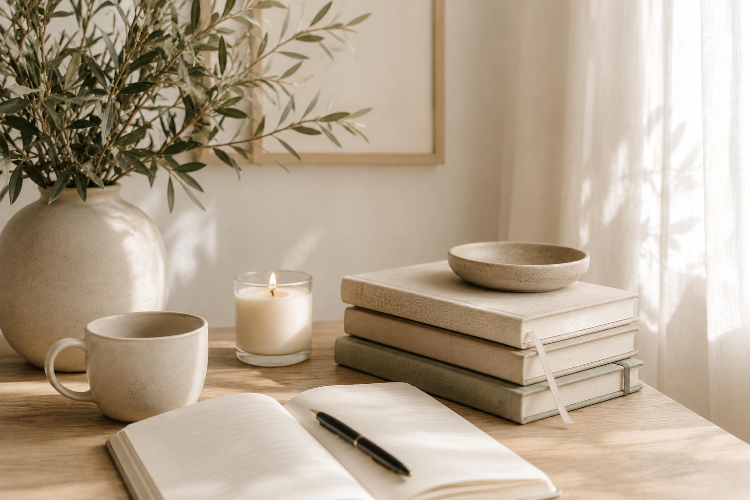 A cozy workspace with a stack of neutral-colored books topped with a ceramic bowl, an open journal with a pen, a cup, a lit candle, and a large vase with greenery, all illuminated by natural light through a sheer curtain.