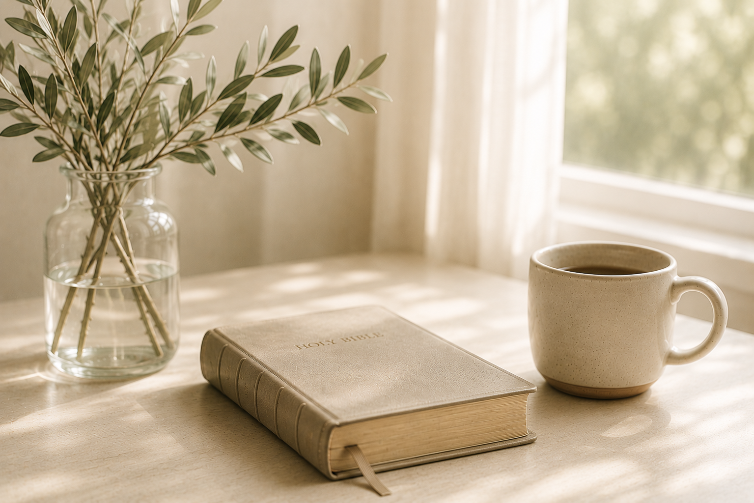 A Bible, a cup of coffee, and a vase with green leafy branches on a table near a window with sunlight streaming in.