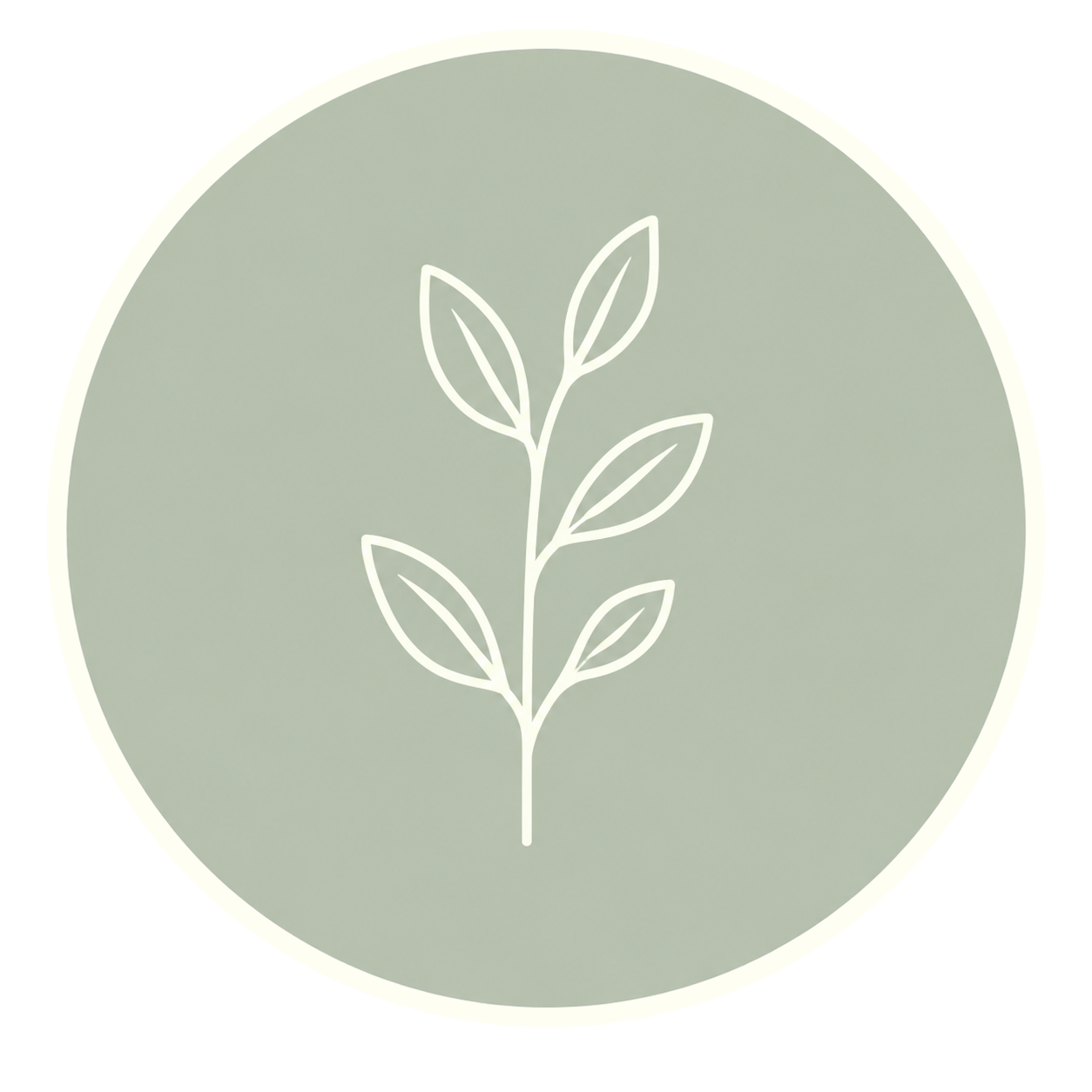 Minimalist illustration of an olive branch with leaves inside a green circle.