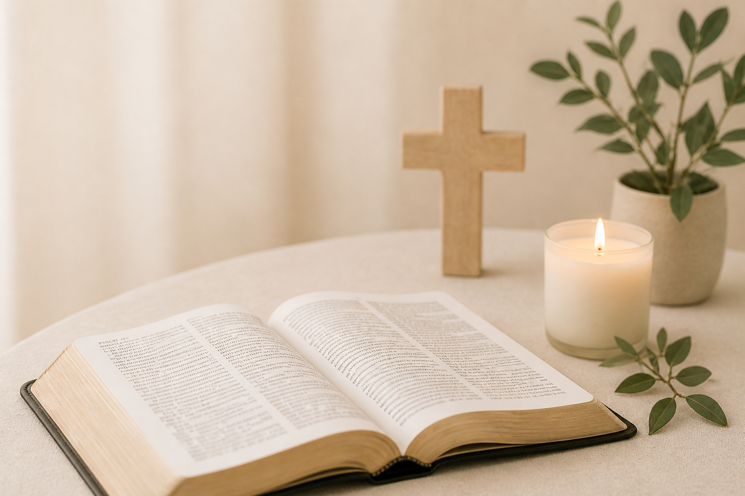 An open Bible on a white table, with a lit candle, a small wooden cross, and a potted plant.