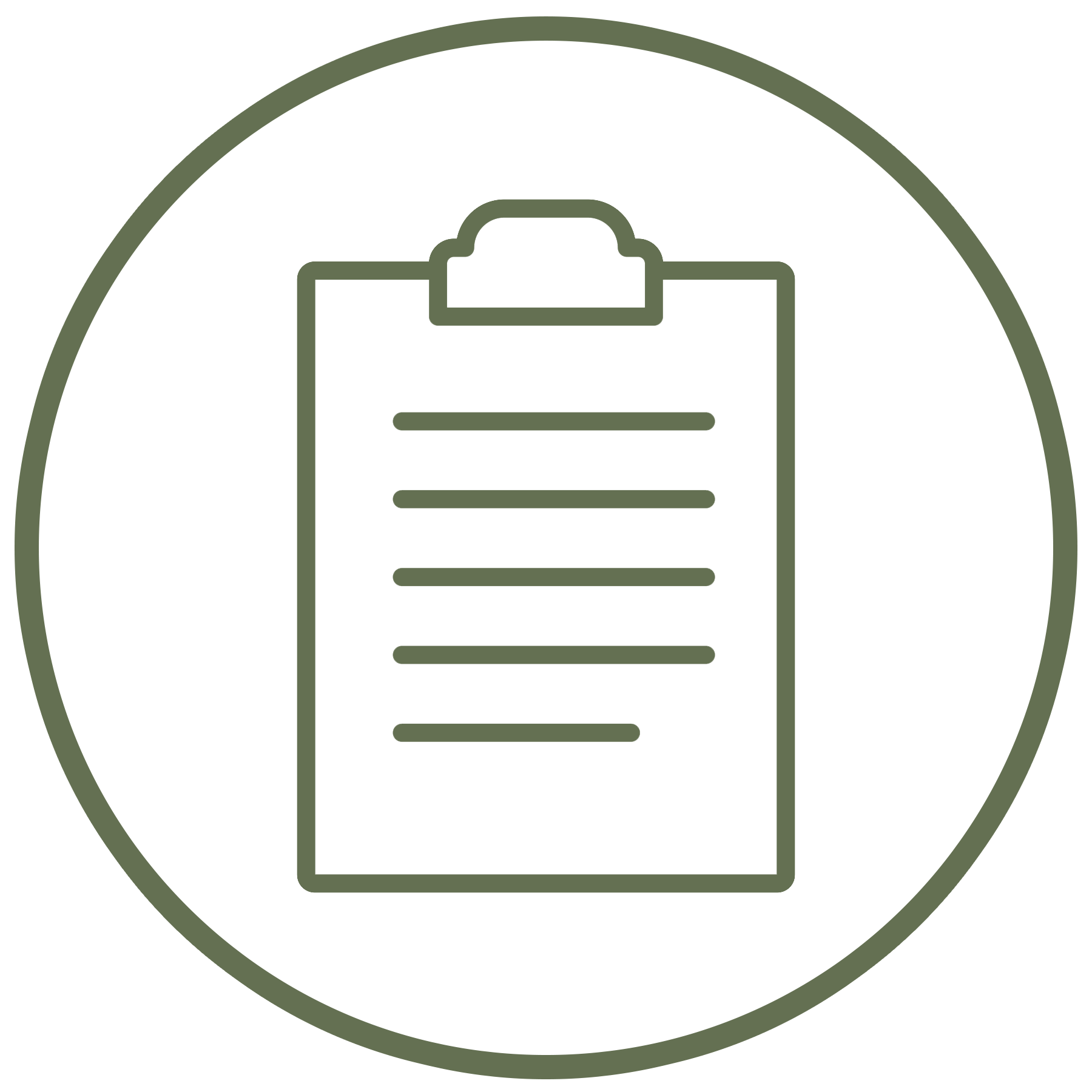 Line drawing of a clipboard with a piece of paper, inside a large circle.