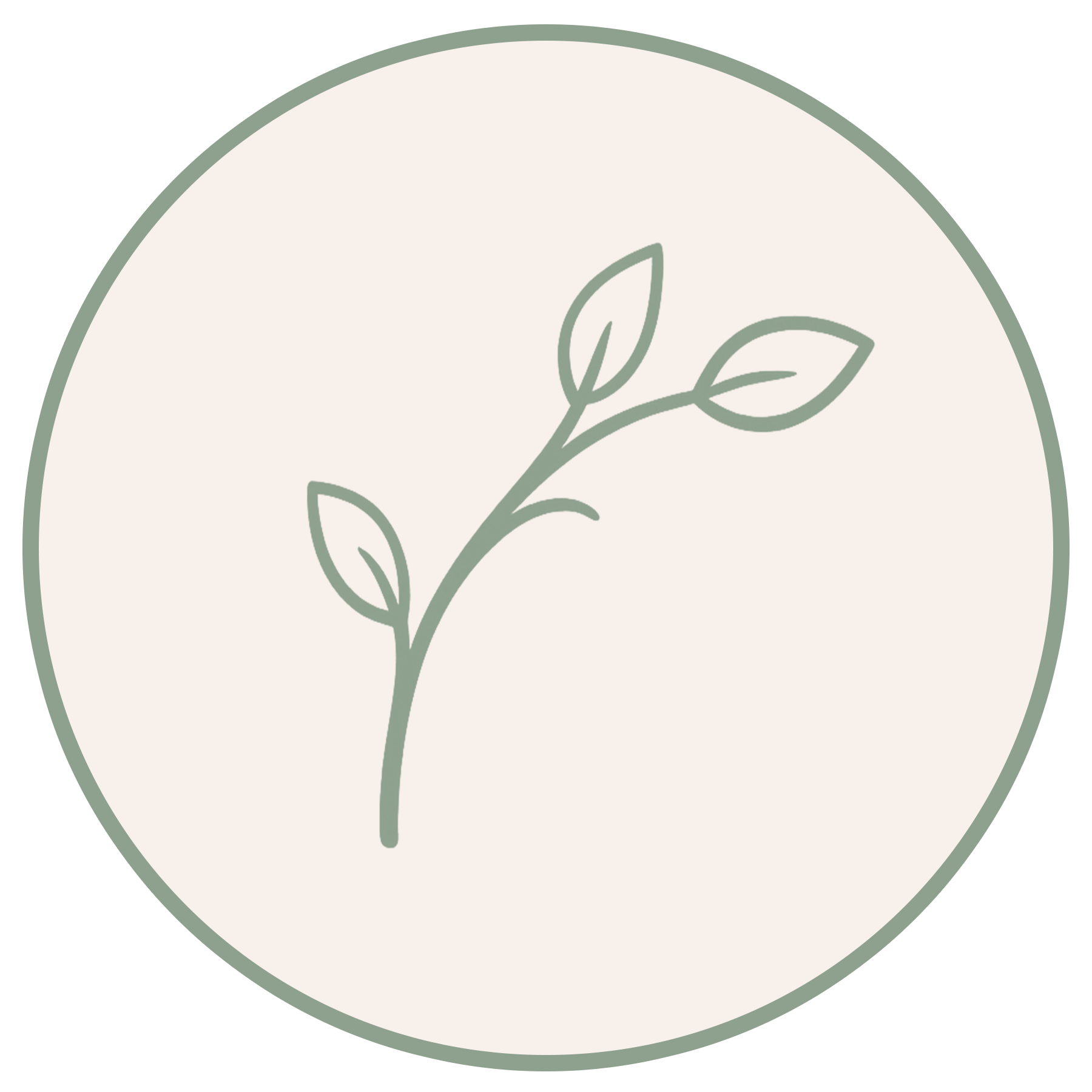 Minimalist illustration of a plant with a few leaves inside a circular frame.