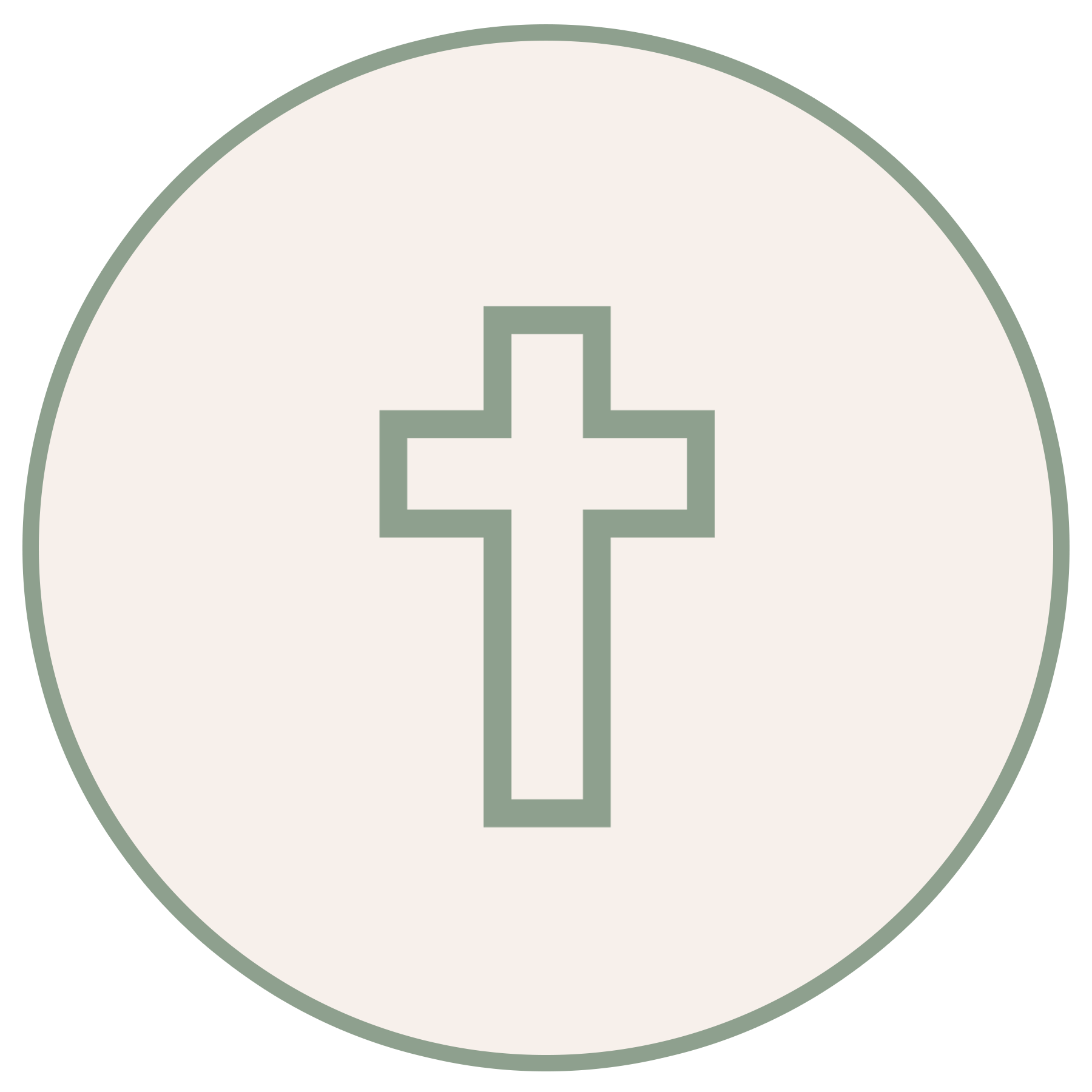 Close-up of a cross on a round, beige surface with a green border.