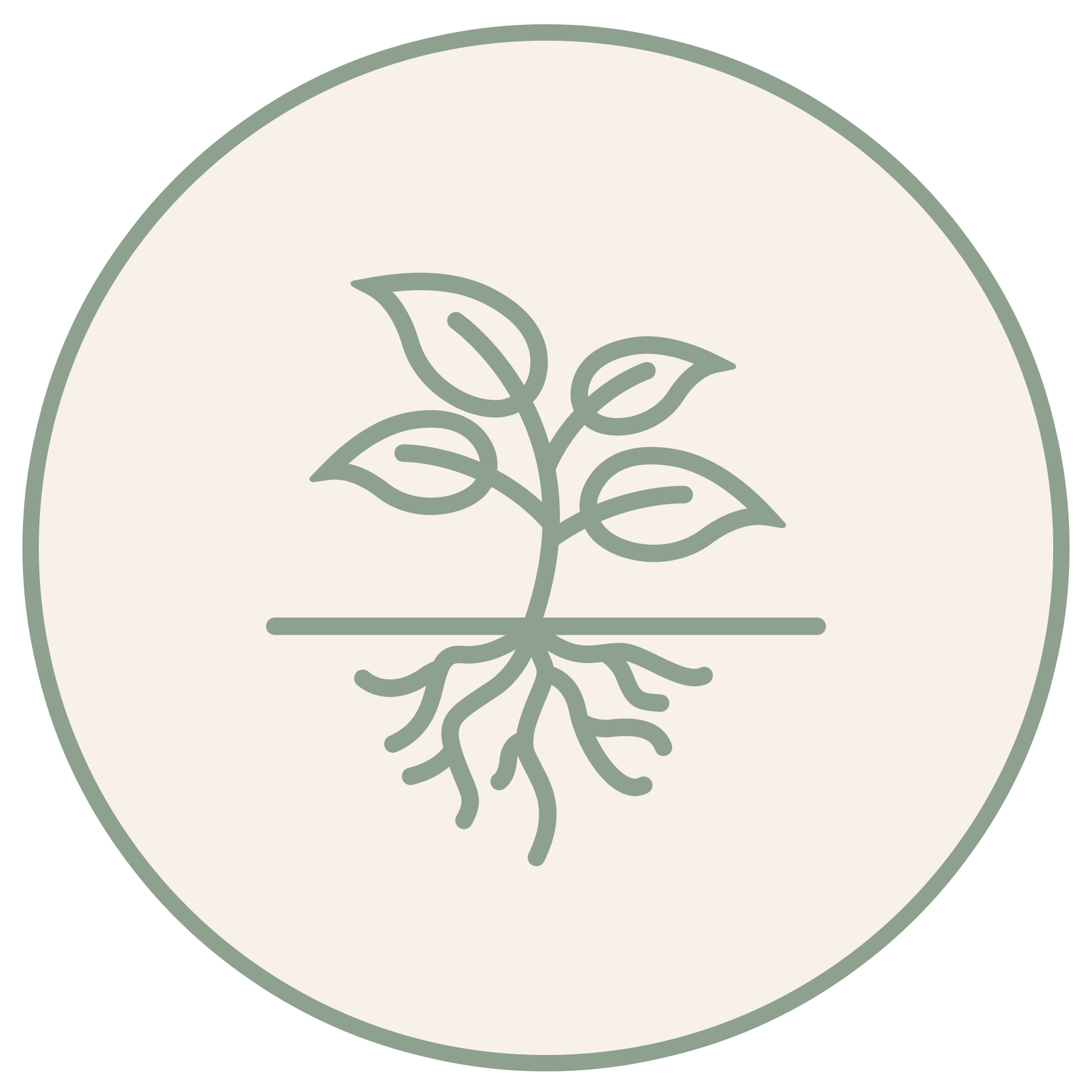A minimalist illustration of a plant with multiple stems and leaves, inside a circular frame with a light background.