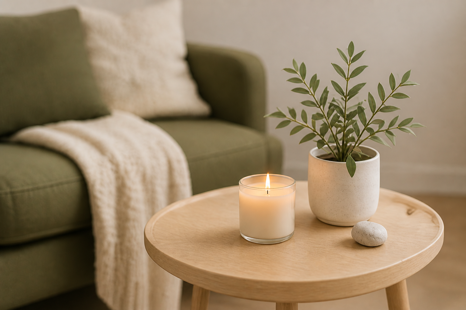 Living room scene with a green sofa, a beige blanket, a round wooden table, a potted plant with green leaves, a lit candle, and a small round stone.