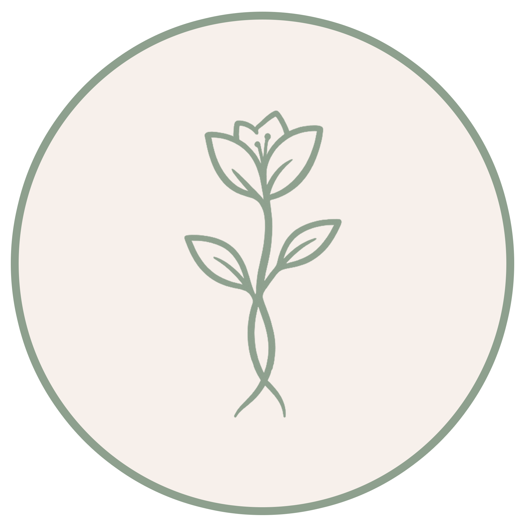 Minimalist illustration of a flower with leaves inside a circle.