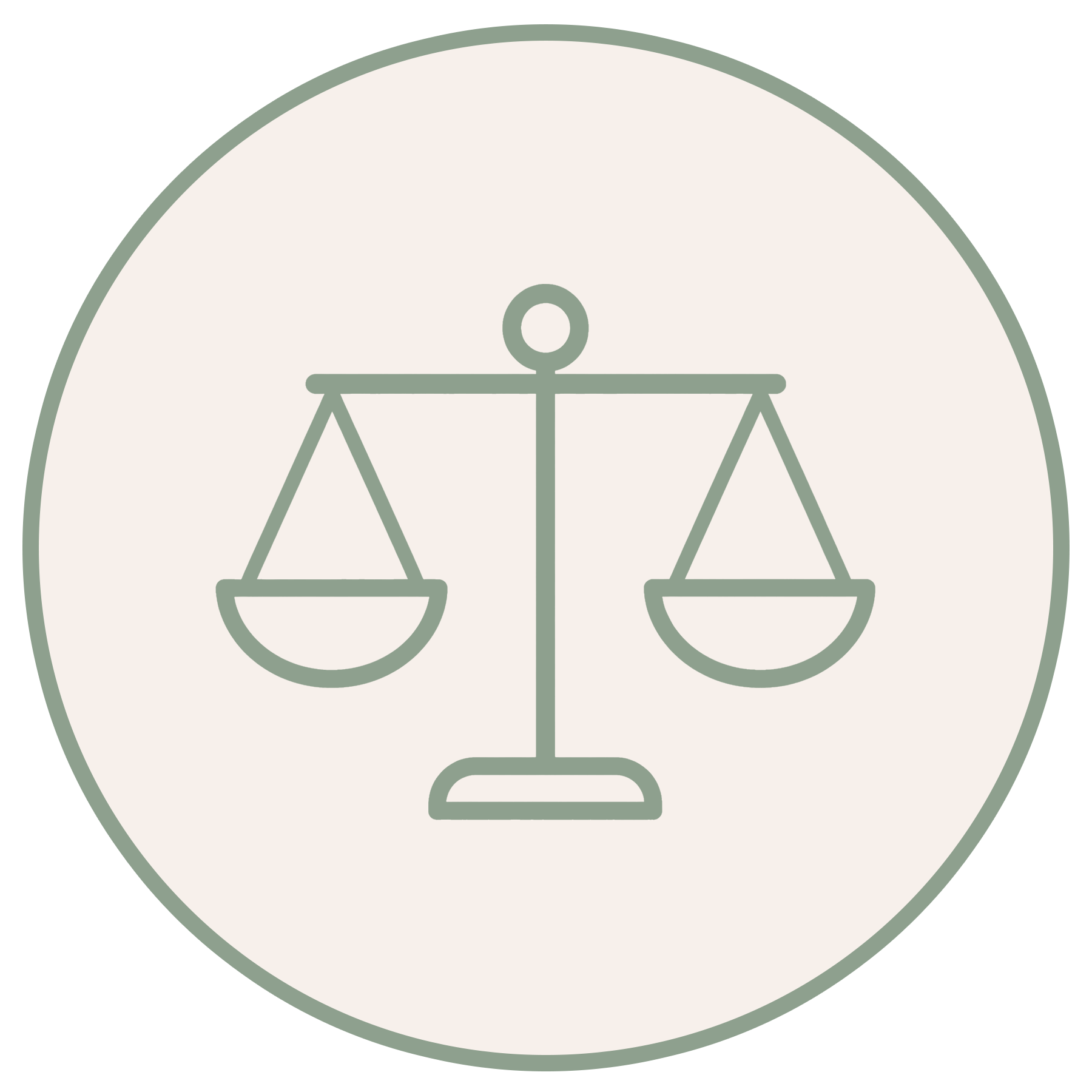 Outline of a balanced scale symbol inside a circular badge.
