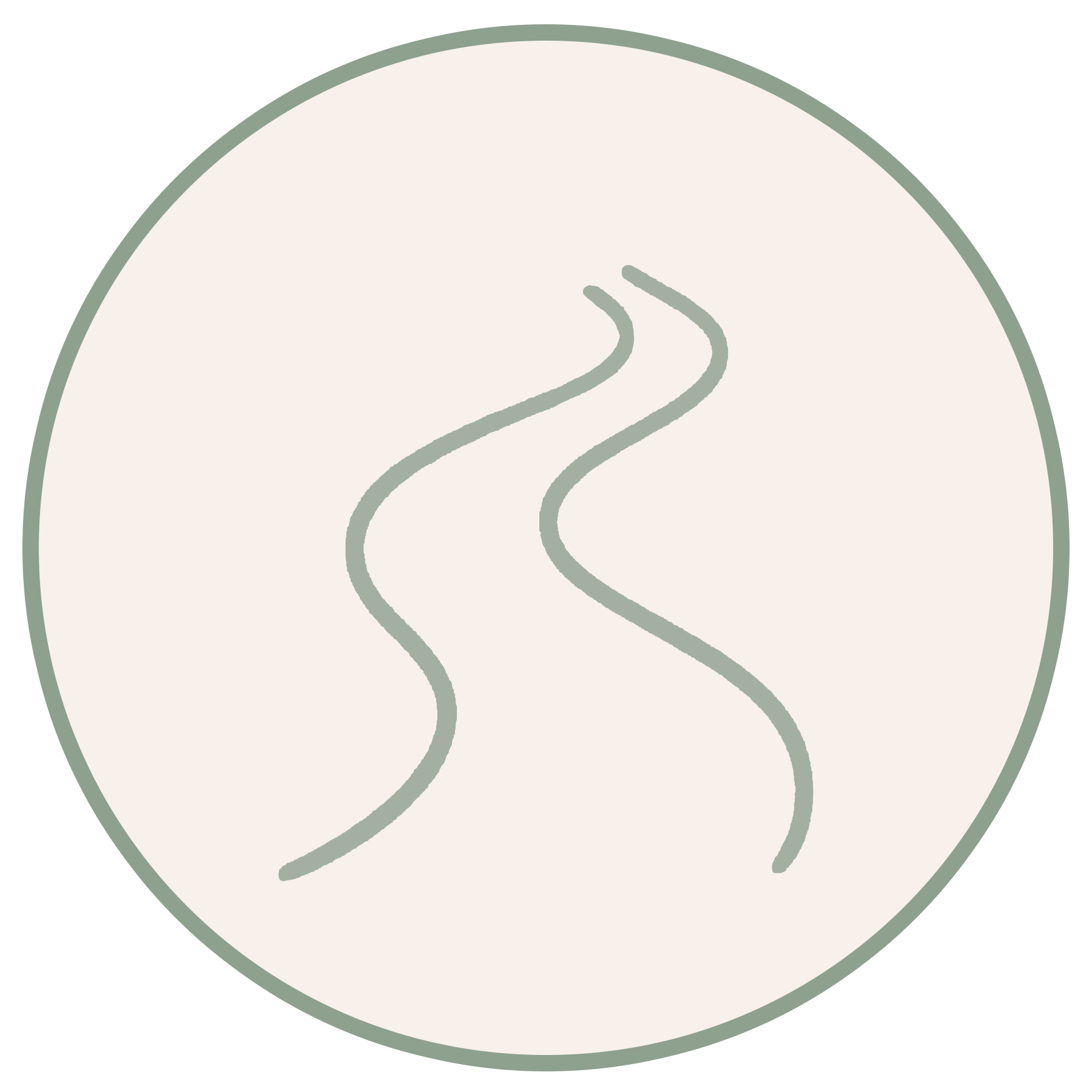 A circle with a light beige background illustrating a winding path.