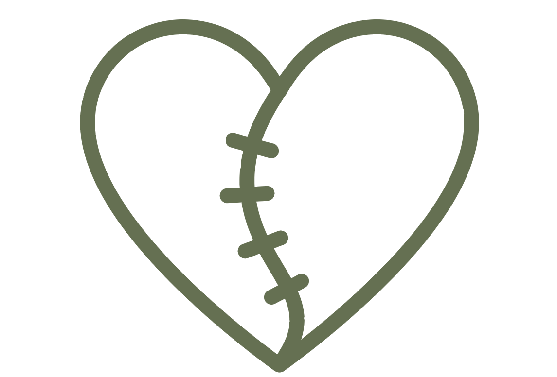 A black outline of a heart with a stitched line running down the middle, resembling a broken or repaired heart.