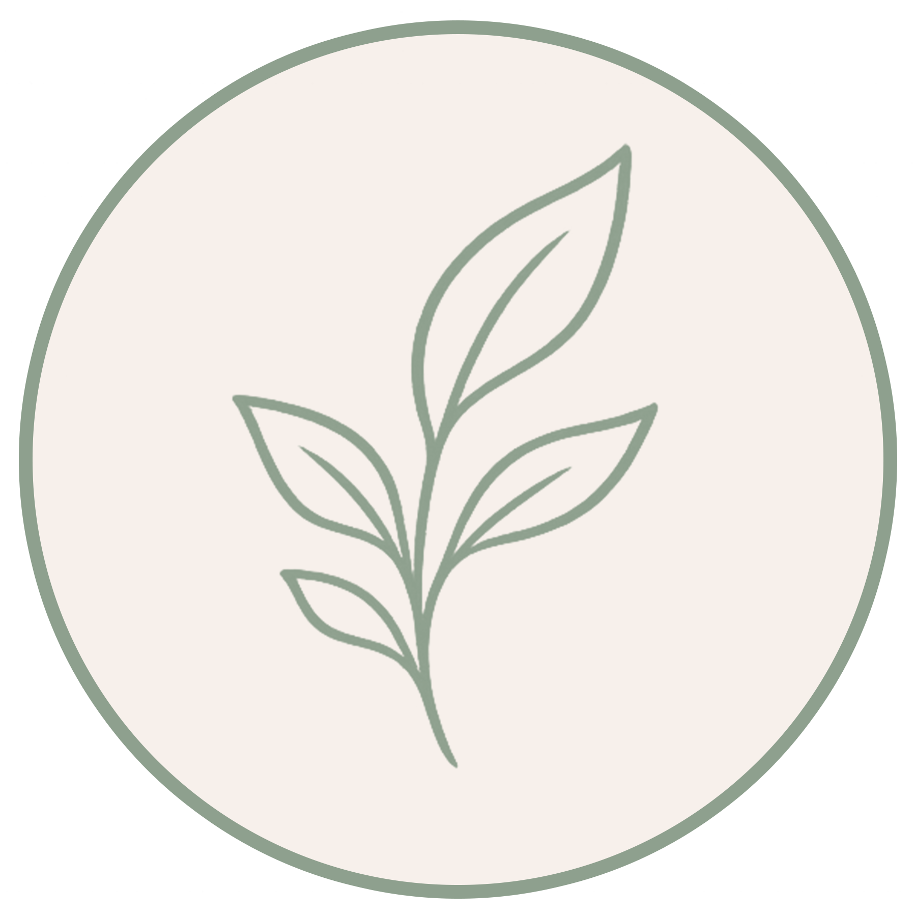 A minimalist illustration of a plant with multiple leaves inside a light-colored circle, against a muted green background.