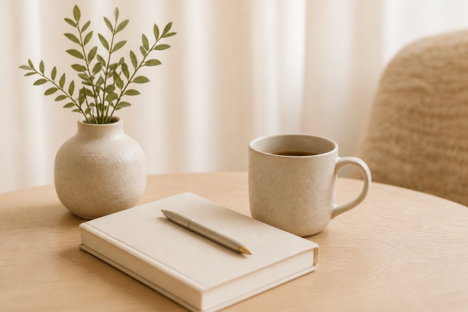 A beige vase with green olive branches, a white ceramic mug filled with coffee, a closed beige notebook, and a gold pen on a light wooden table.