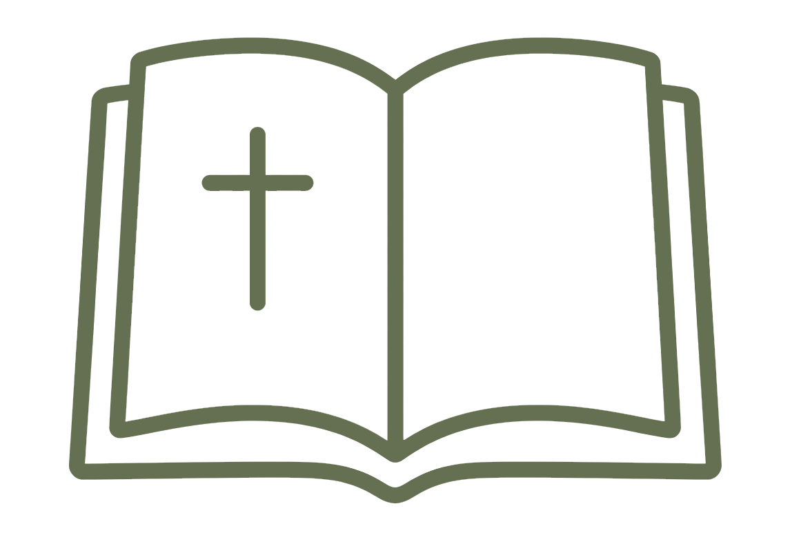 Outline of an open Bible with a cross symbol on the left page.
