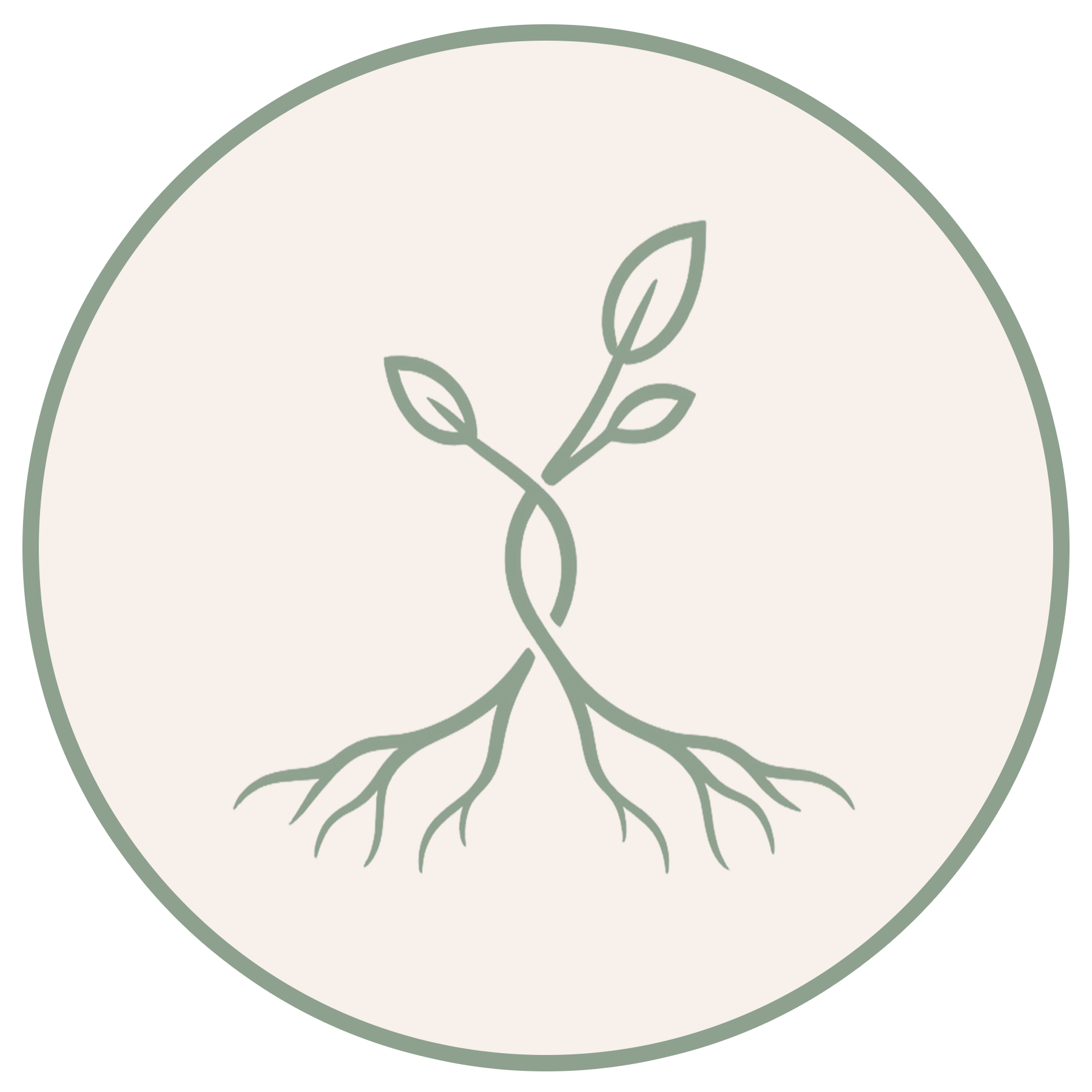 Simple line drawing of a plant with roots, on a light beige background with rounded border.