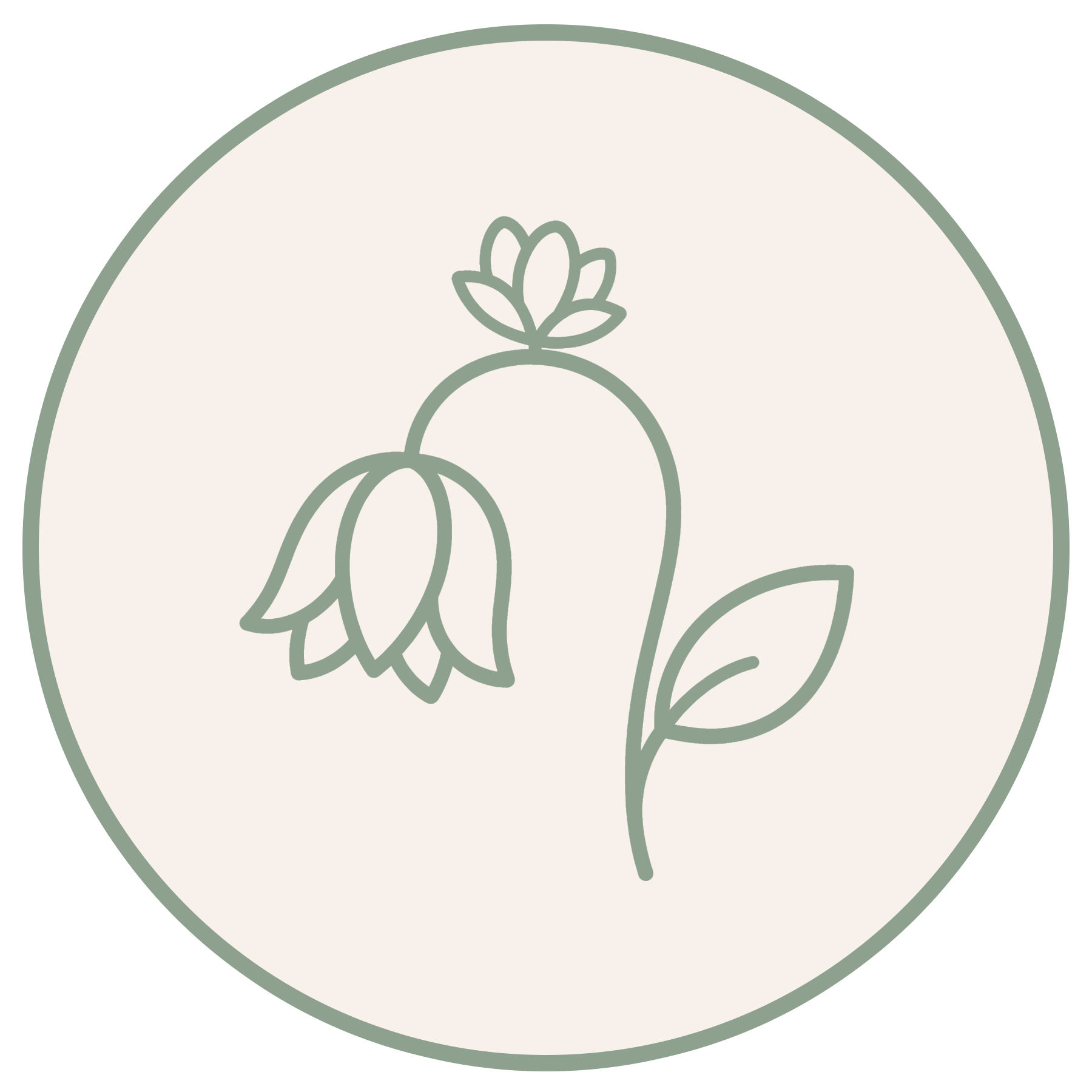 Minimalist line drawing of a flower with a leaf, on a light beige circle with a green border.