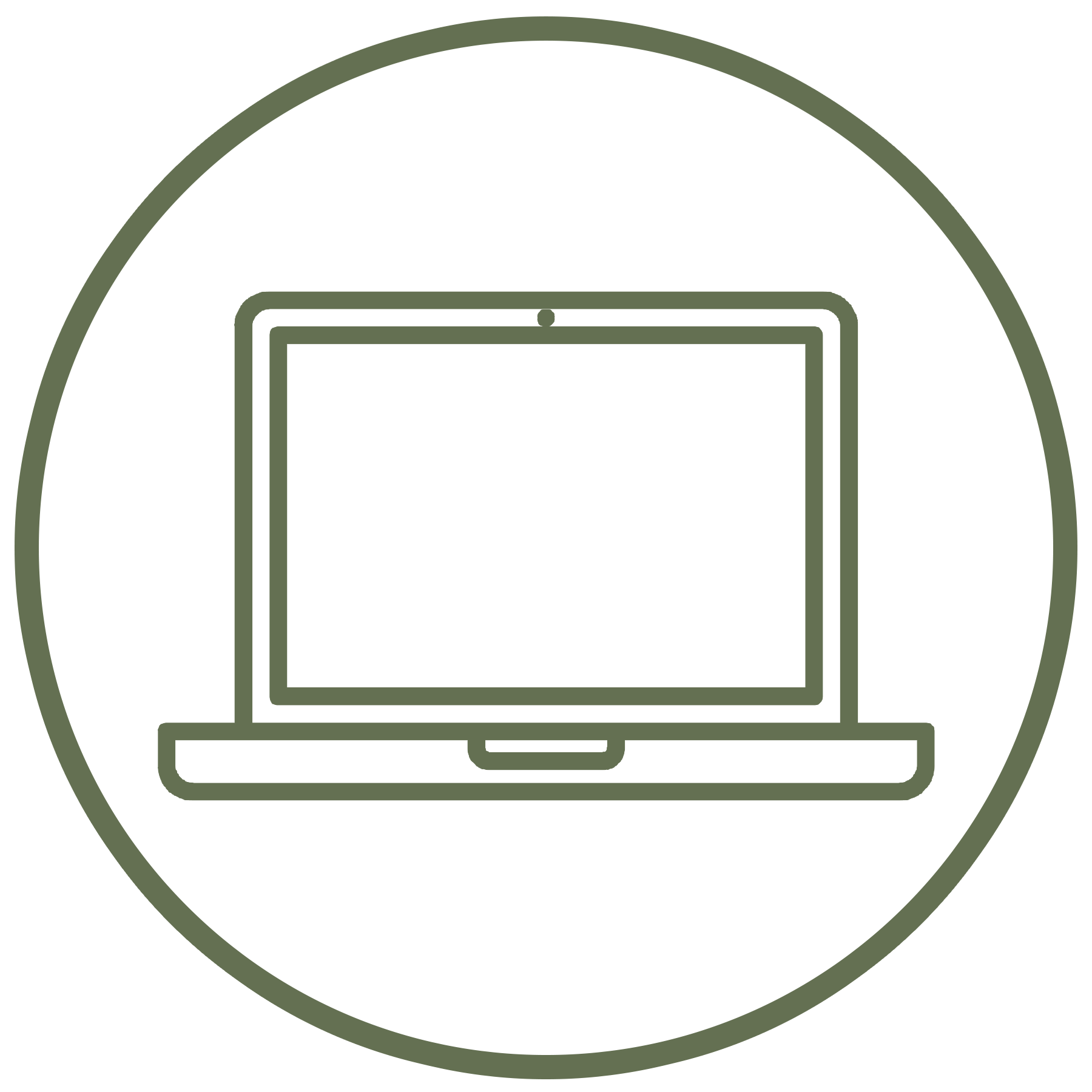 Outline illustration of a laptop inside a circular frame.