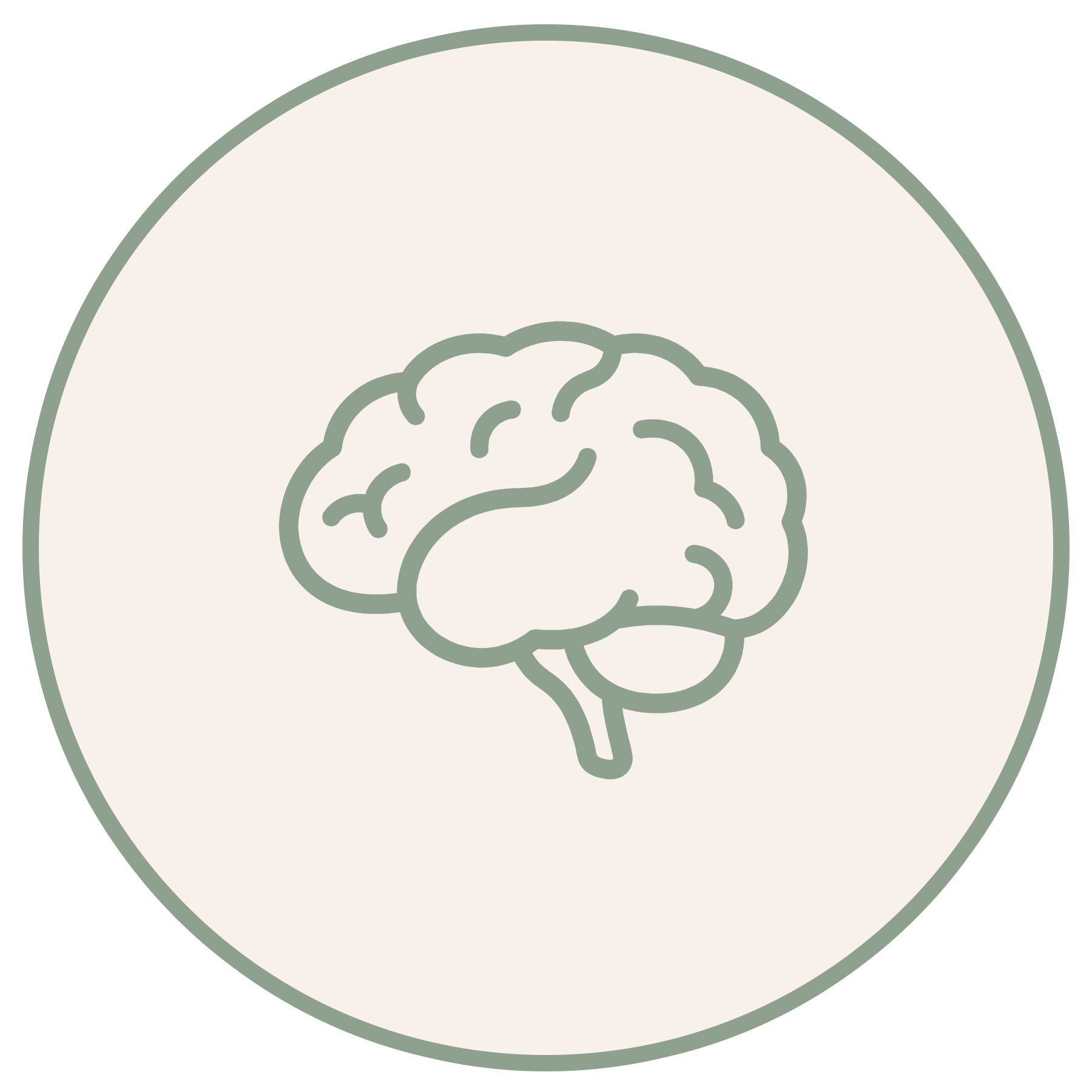 Simplified illustration of a human brain inside a circular frame.