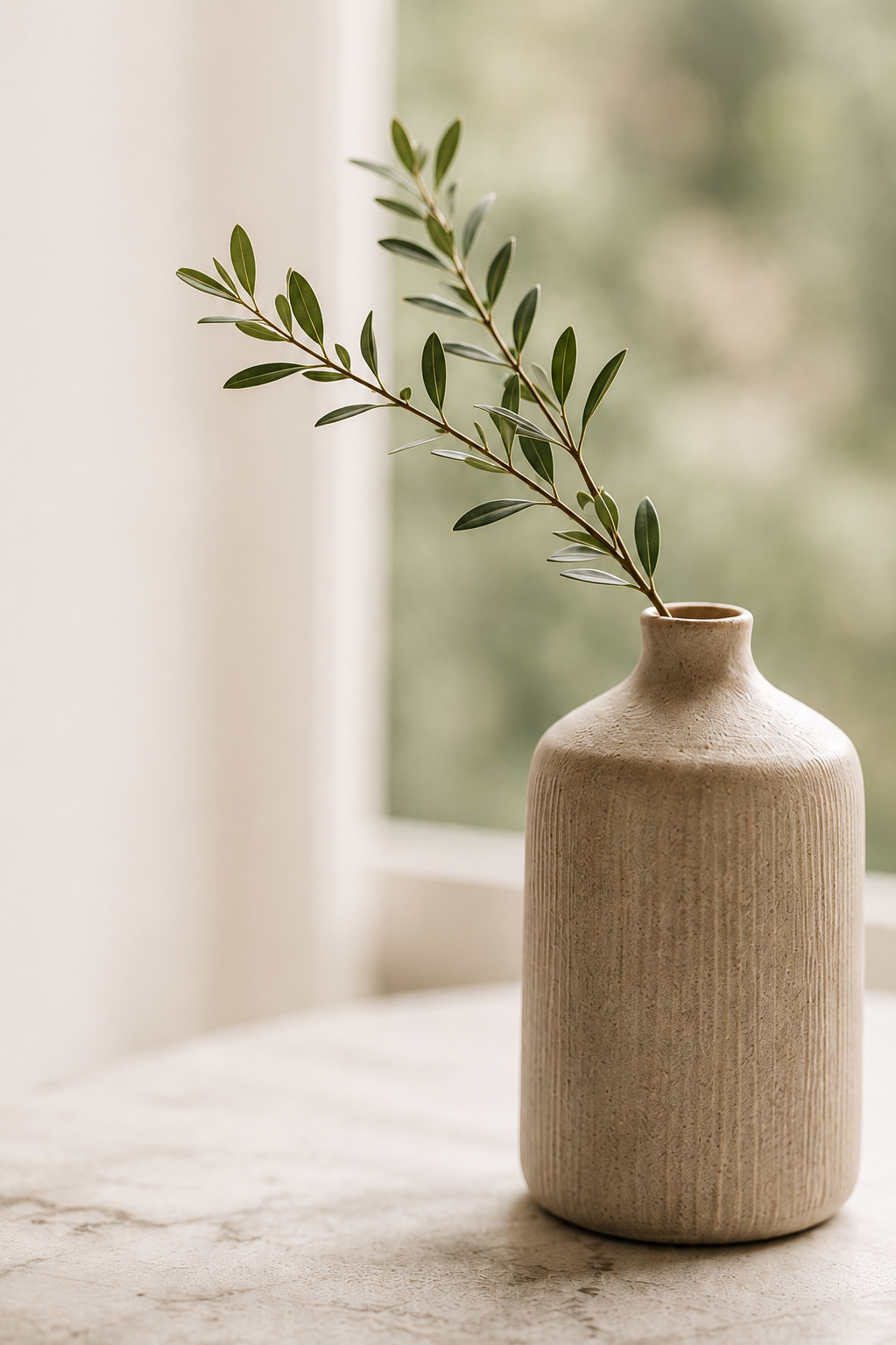 A beige ceramic vase with a textured surface holding a branch with green leaves, placed on a light-colored surface near a window with blurred greenery in the background.
