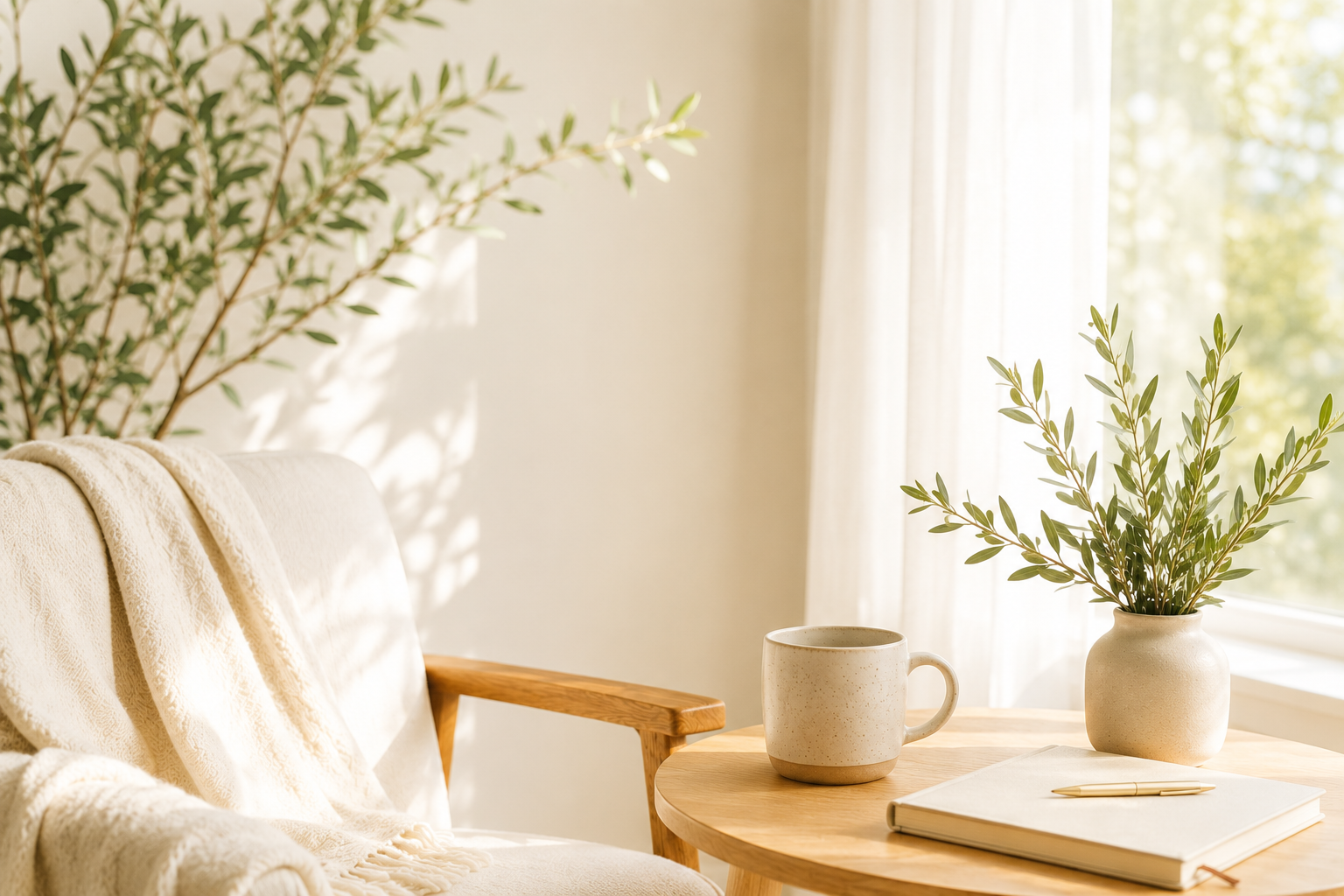 A cozy, sunlit corner with a beige sofa draped with a blanket, a wooden armrest, a round wooden table with a white ceramic mug, a potted plant with green leaves, a closed notebook, and a gold pen, near a window with sheer curtains and greenery outside.