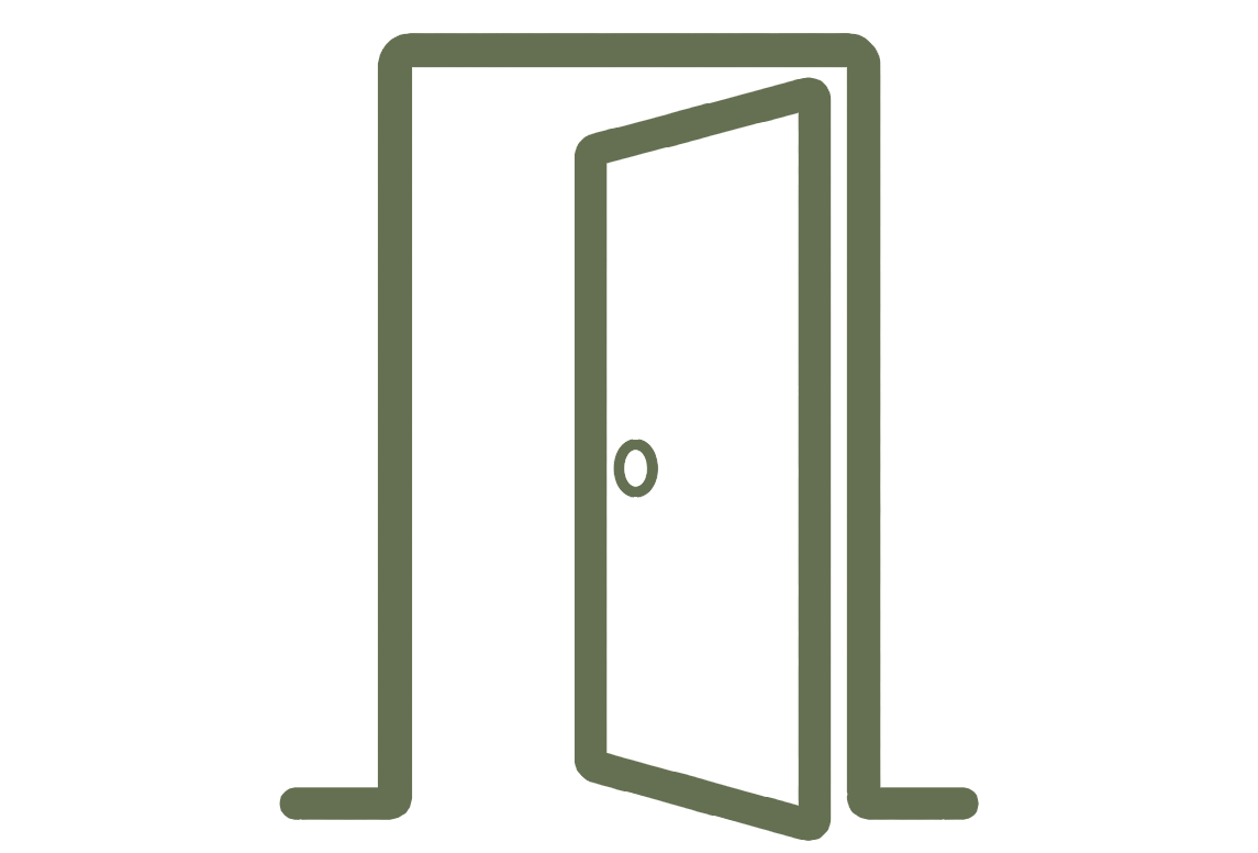 Outline of an open door with hinges on the left side and doorknob on the right side.