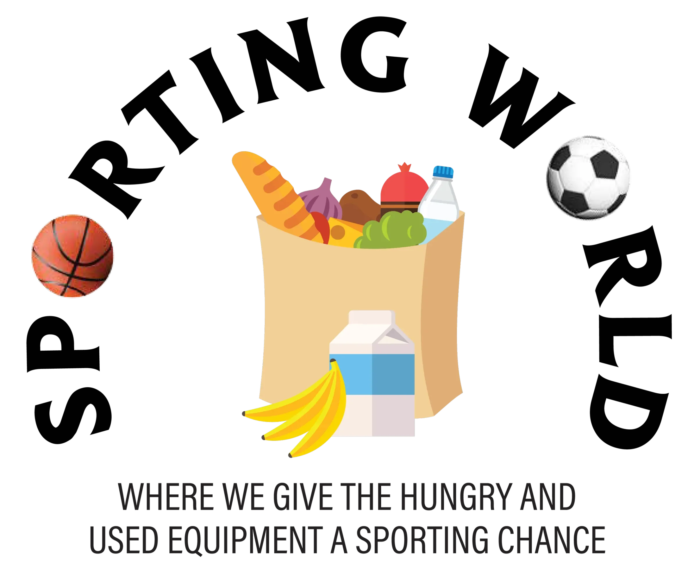 A paper bag filled with various groceries including a baguette, purple onion, orange-brown sweet potato, bottle of ketchup, green grapes, a bottle of milk, and a bunch of bananas. There are a basketball and a soccer ball on either side of the bag.