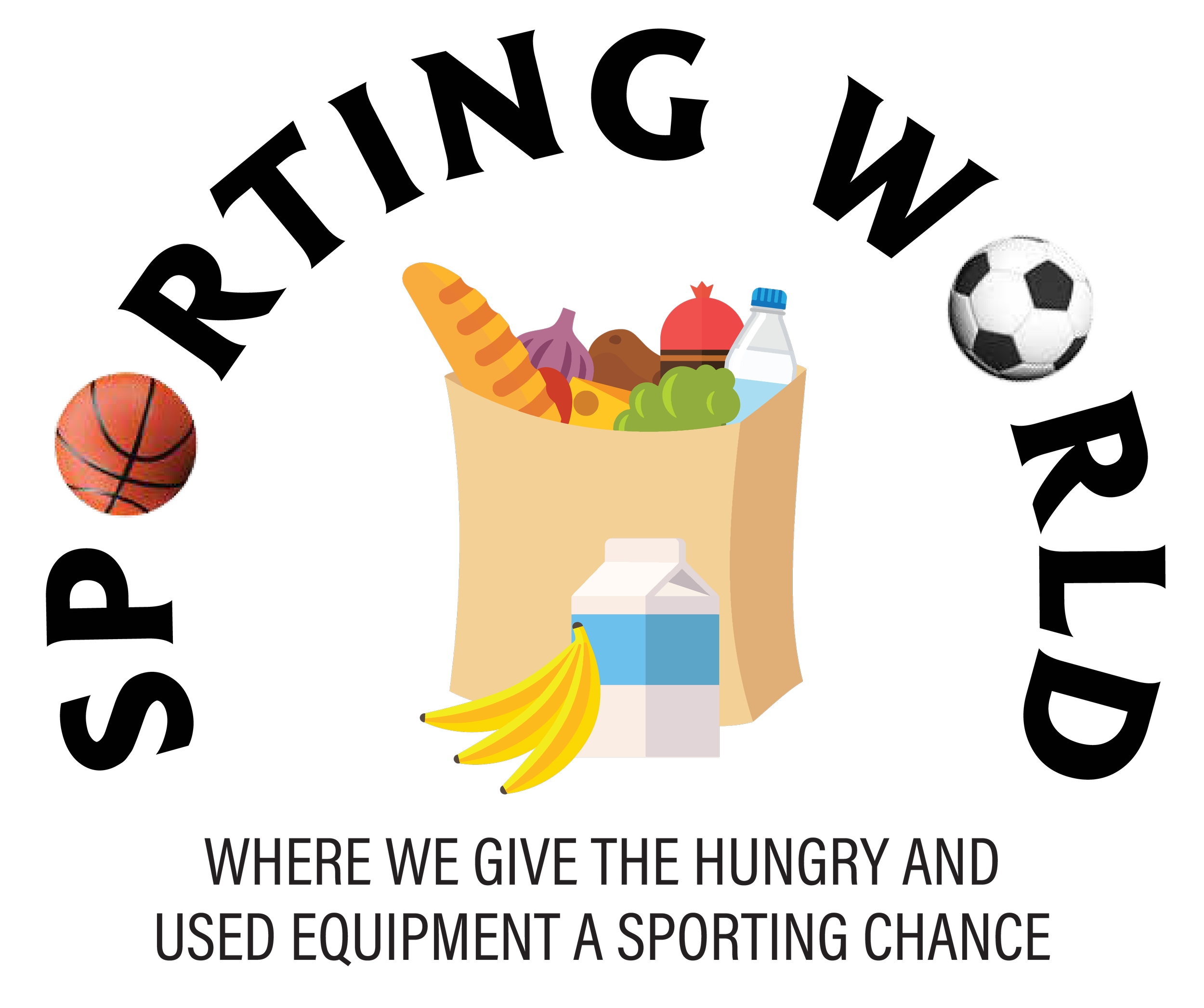 A paper grocery bag filled with vegetables, bread, bottled water, and bananas, flanked by a basketball on the left and a soccer ball on the right on a dark background.